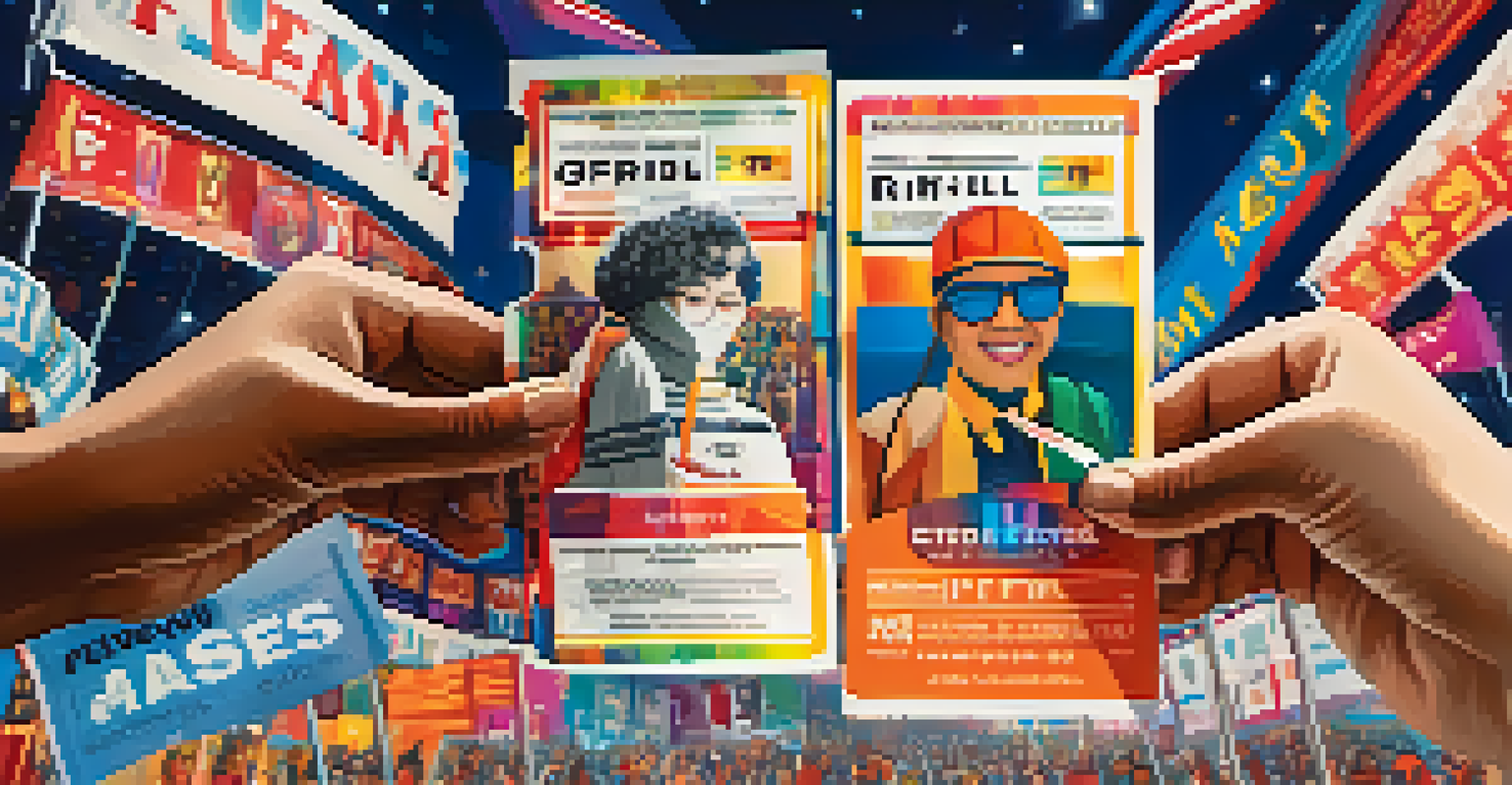 Close-up of hands exchanging film festival passes, highlighting diversity against a blurred festival background.