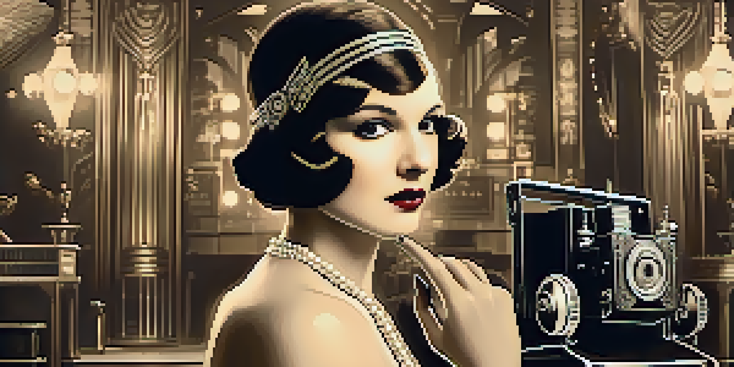 A vintage film set from the 1920s with a silent film actress in a flapper dress, classic film equipment, and soft golden lighting.