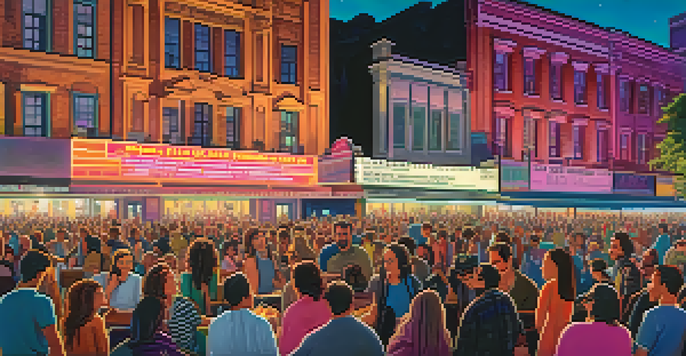 A lively film festival with diverse attendees enjoying films, discussing in groups, and surrounded by colorful lights and historic architecture.