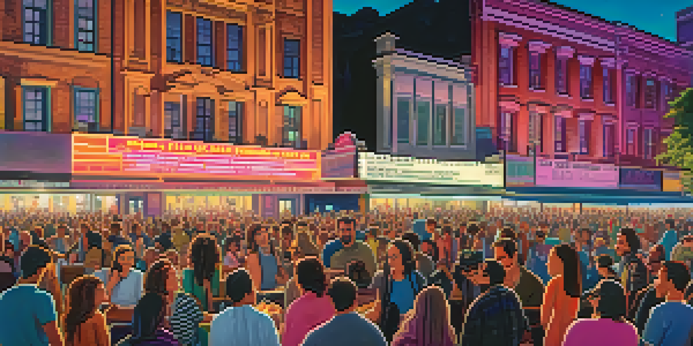 A lively film festival with diverse attendees enjoying films, discussing in groups, and surrounded by colorful lights and historic architecture.