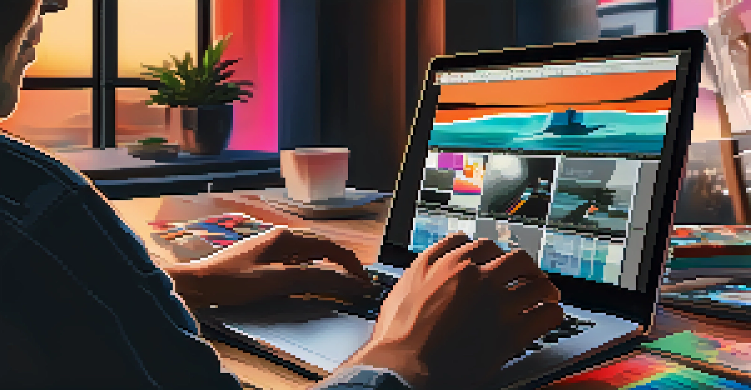 A close-up of hands editing a film on a laptop with storyboards and coffee cups around, illuminated by soft ambient light.