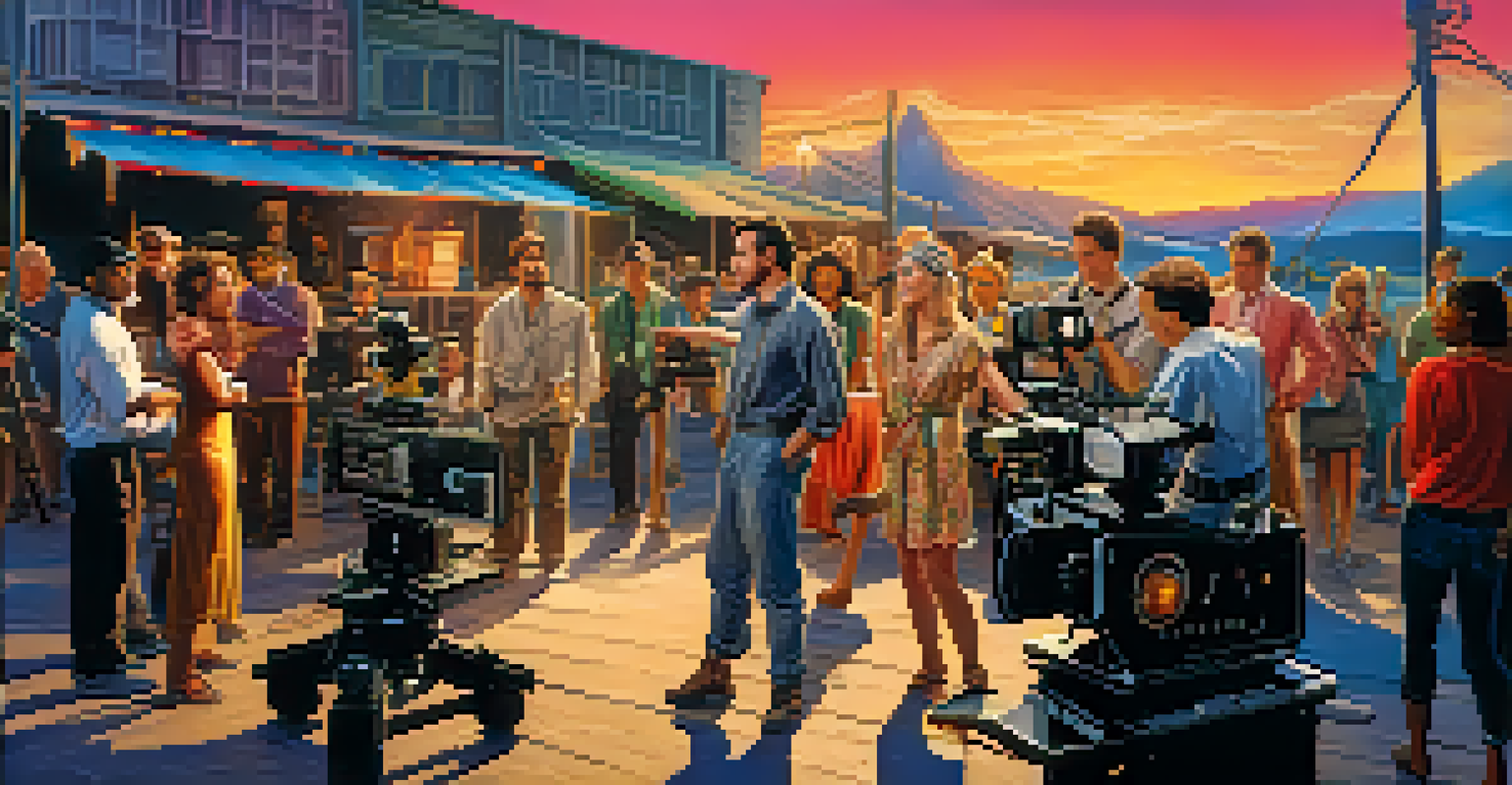 A film set with a diverse cast and crew actively working together, showcasing vibrant costumes and equipment.