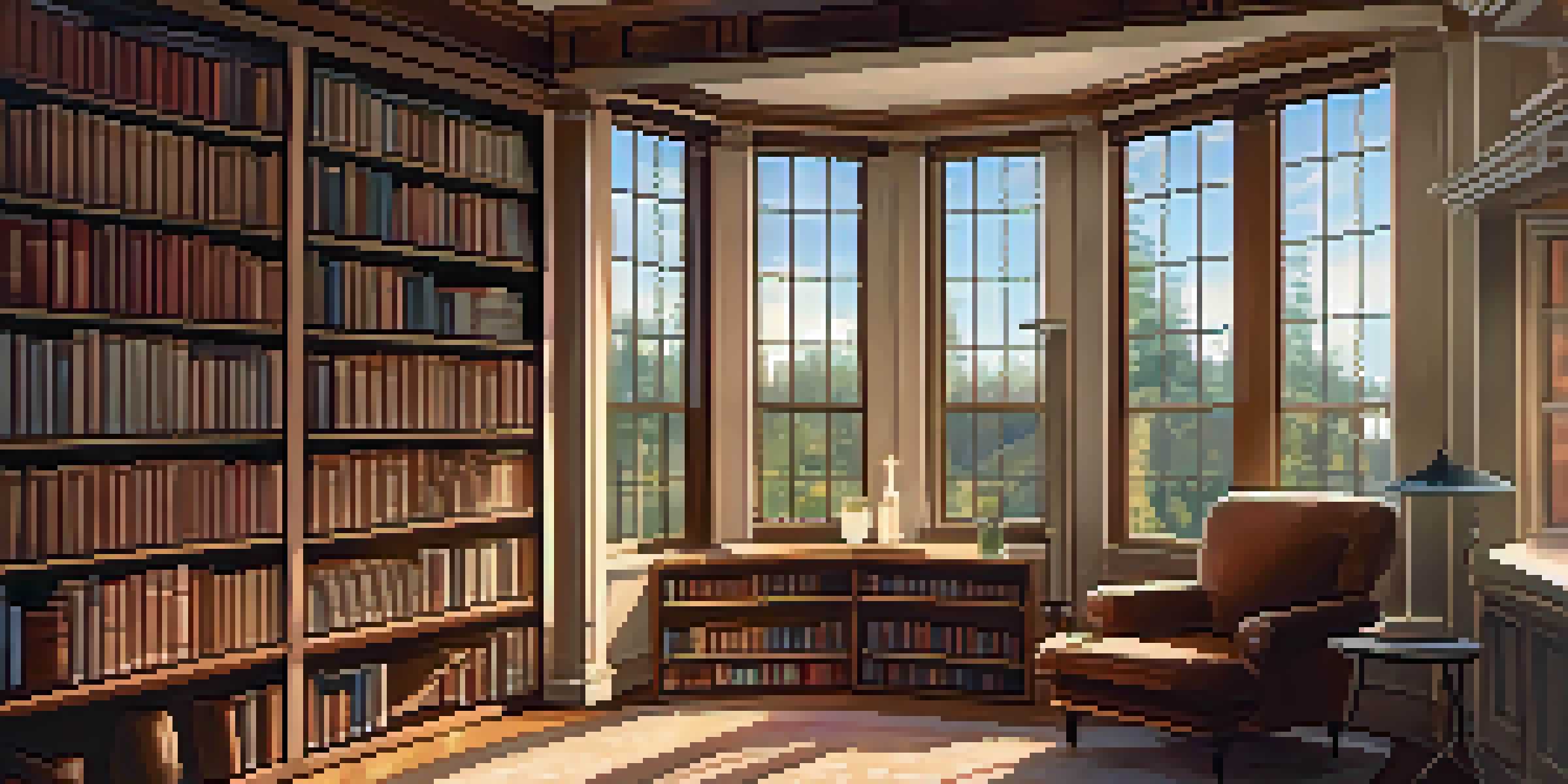 A cozy library with wooden shelves full of books, a plush armchair, and sunlight streaming through windows.