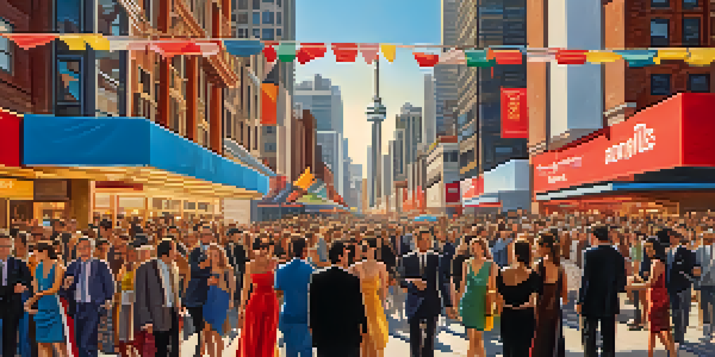 A lively scene at the Toronto International Film Festival with a diverse crowd on the red carpet and a vibrant cityscape in the background.