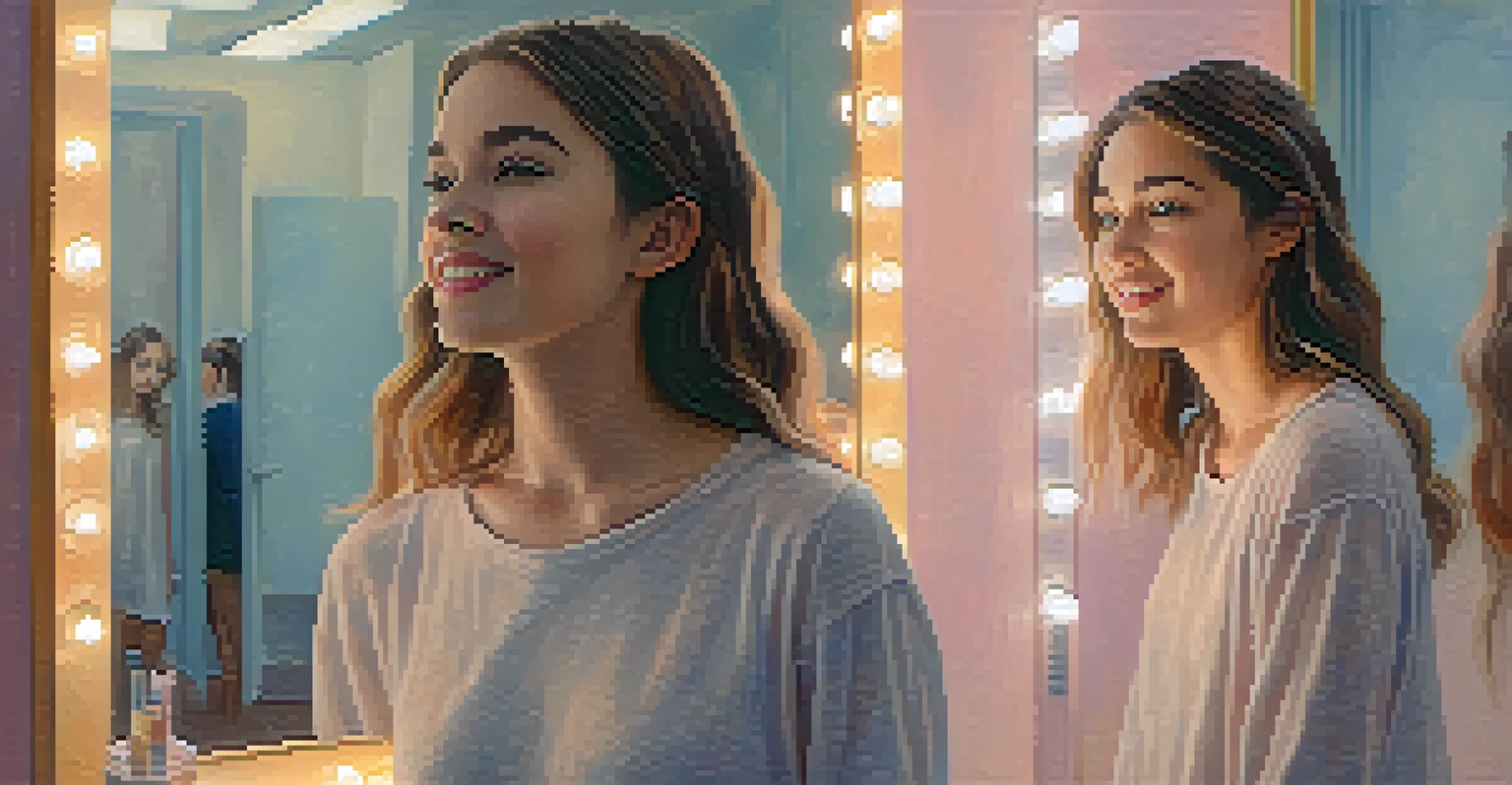 A young woman in front of a mirror showing various emotions, with pastel colors in the background.