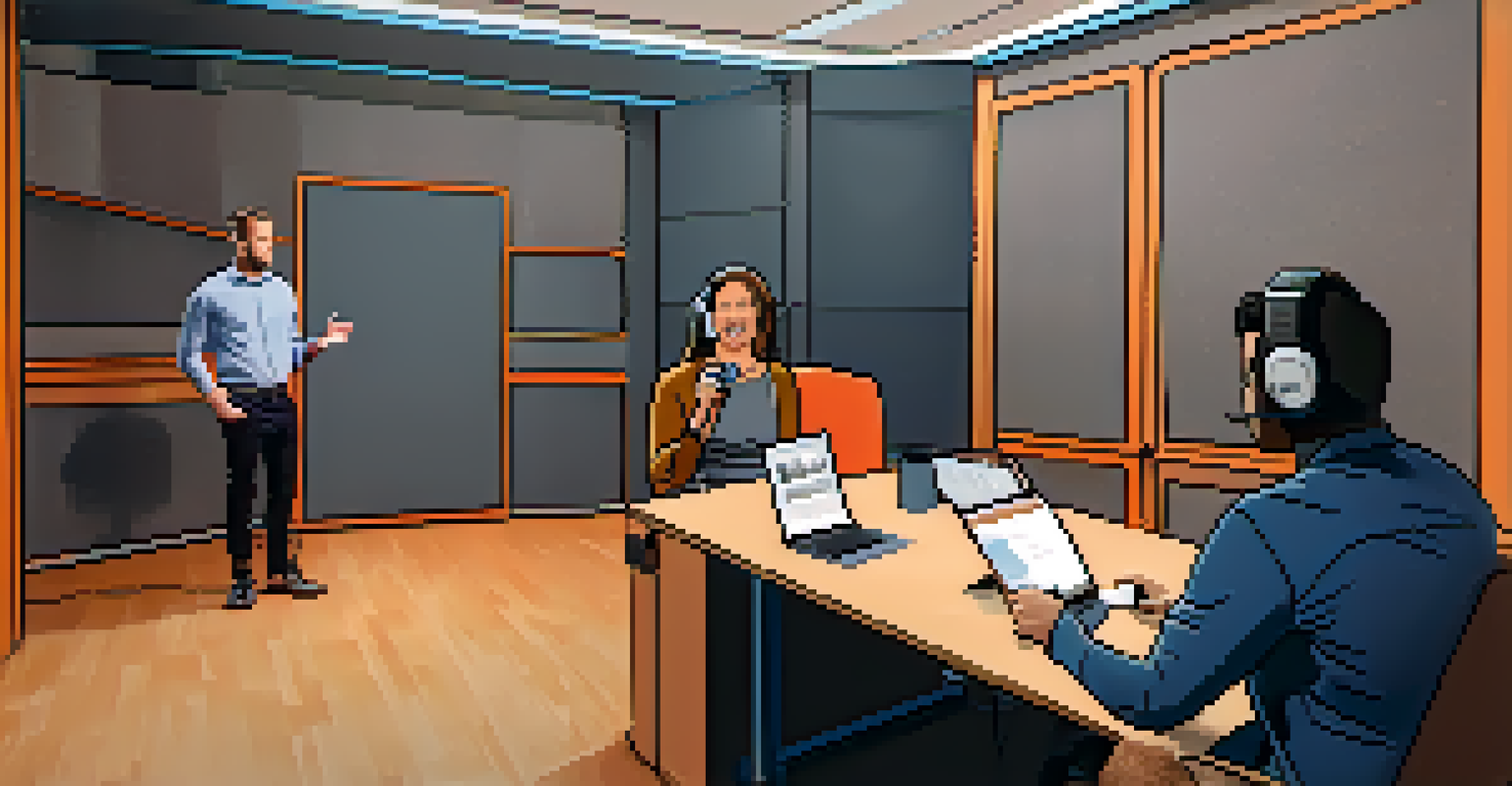 A podcast interview in a studio, featuring a celebrity animatedly discussing a topic with a host.