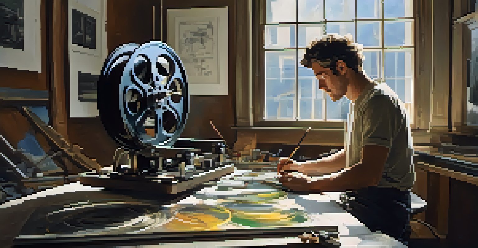 An artist restoring a film reel in a bright studio, surrounded by tools and a laptop showing restoration software.