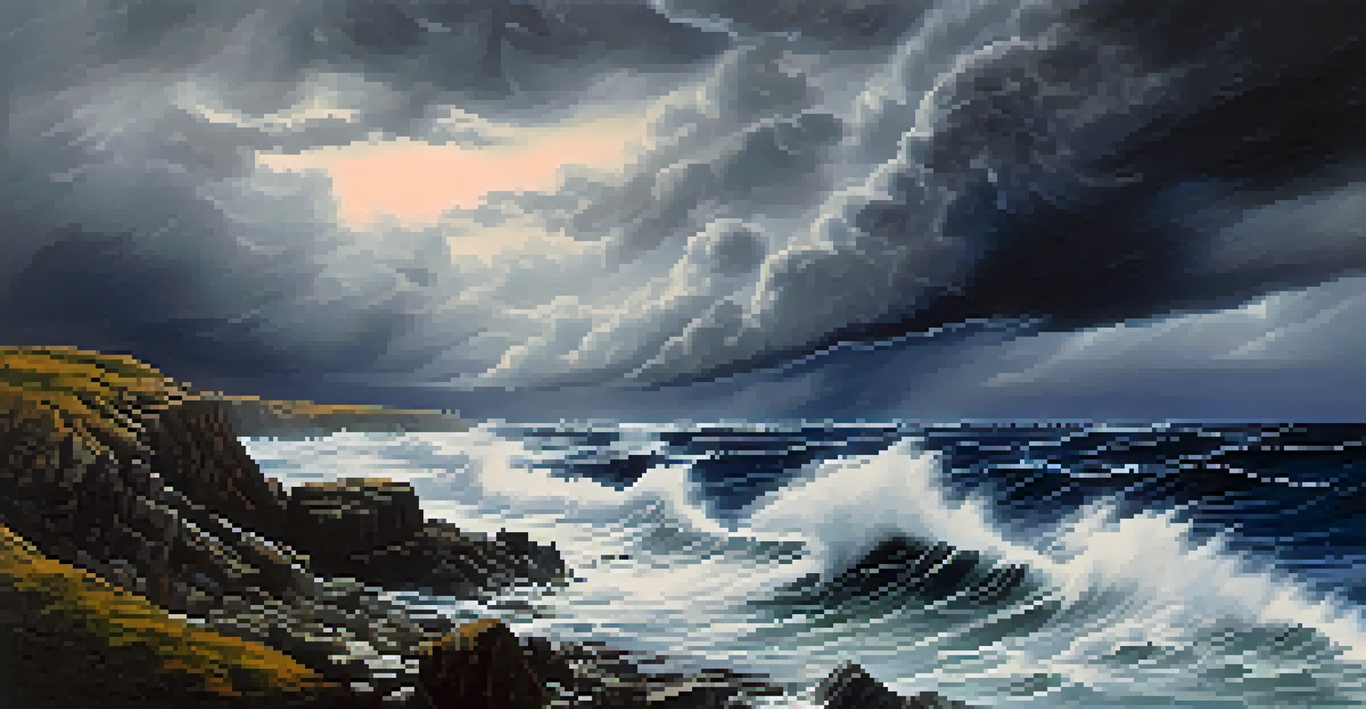 A stormy coastline with dark clouds and crashing waves, portraying tension.
