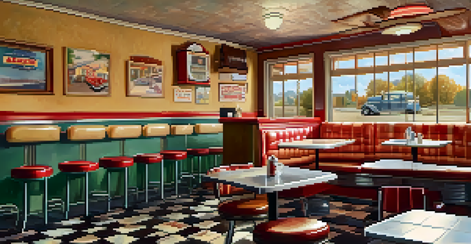 Interior of a cozy small-town diner with vintage decor, checkered tablecloths, and a jukebox, illuminated by soft natural light.
