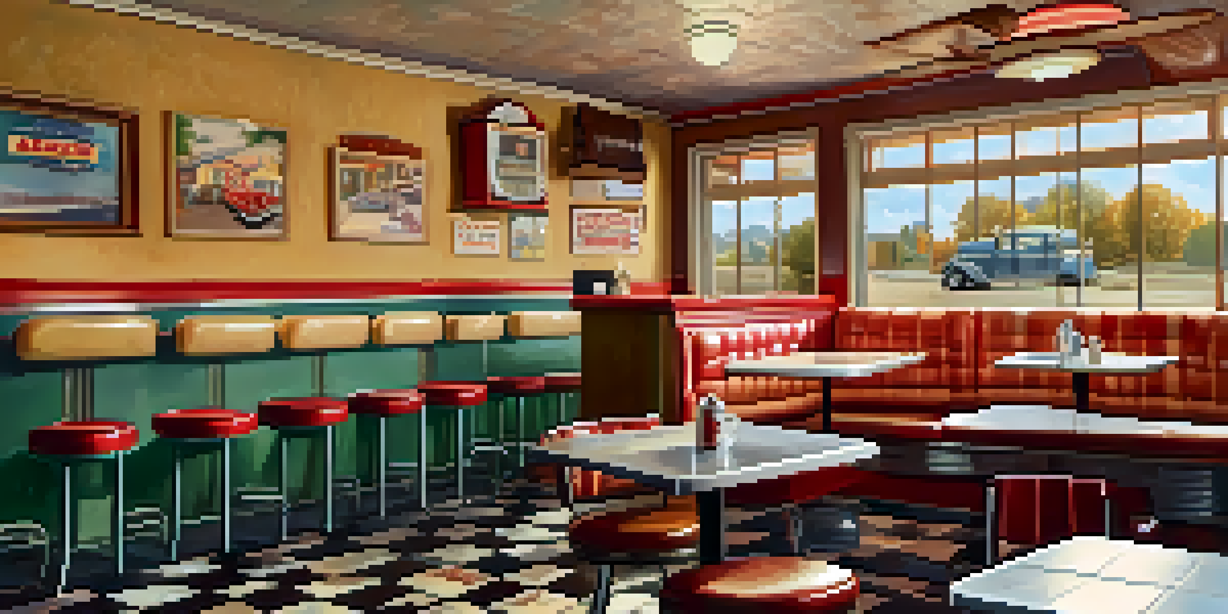 Interior of a cozy small-town diner with vintage decor, checkered tablecloths, and a jukebox, illuminated by soft natural light.