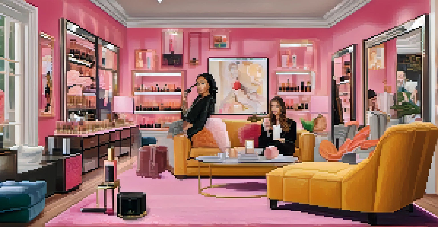 A celebrity filming a video in a cozy room promoting a new makeup line with bright and inviting lighting.