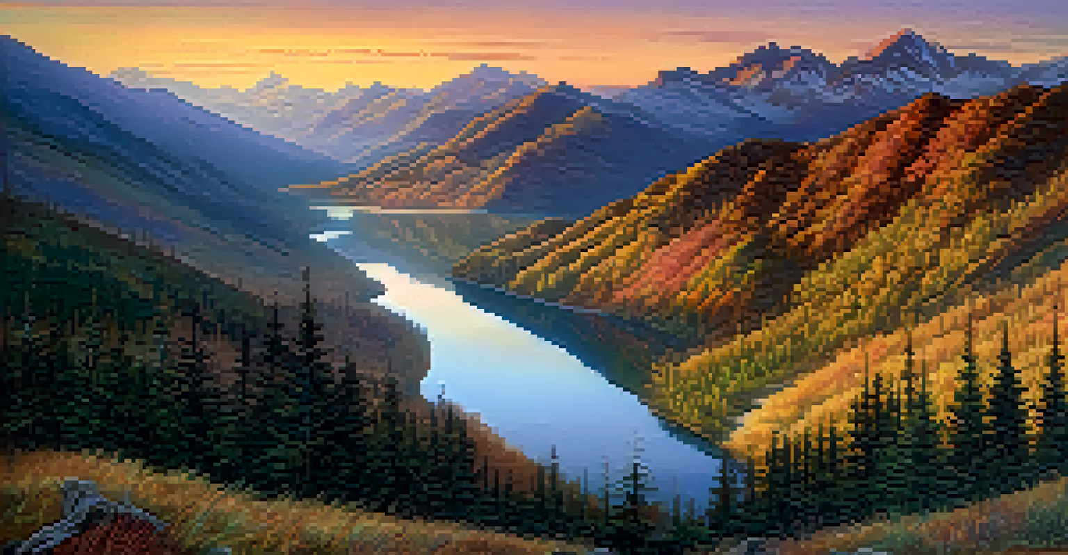 A wide shot of a mountain range with a river in the foreground, all in sharp focus, depicting a beautiful sunrise.