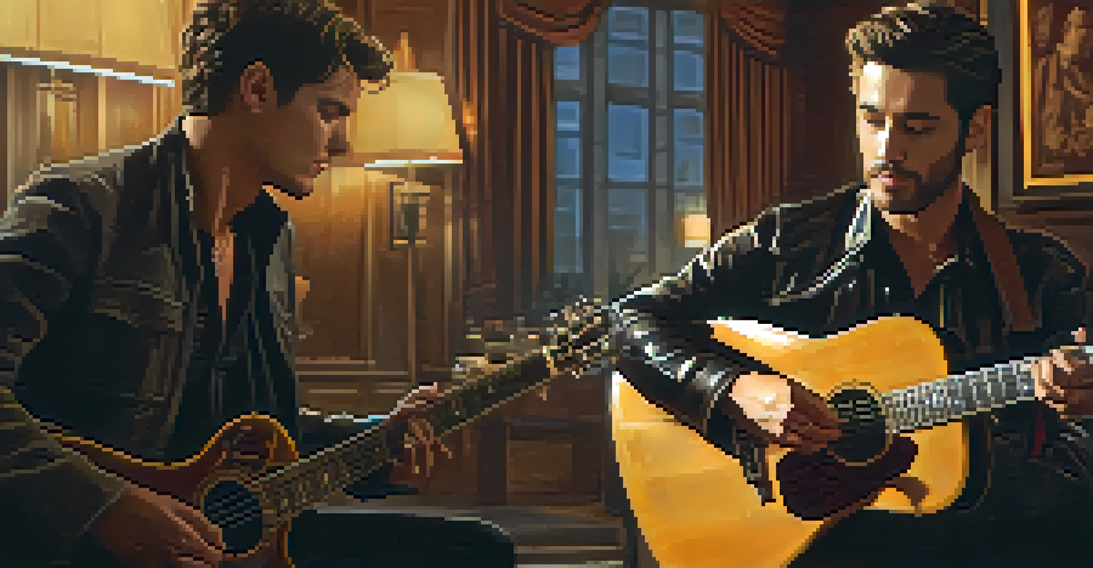 An intimate music video scene featuring a musician playing a guitar with a Hollywood actor listening in a dimly lit, luxurious room.