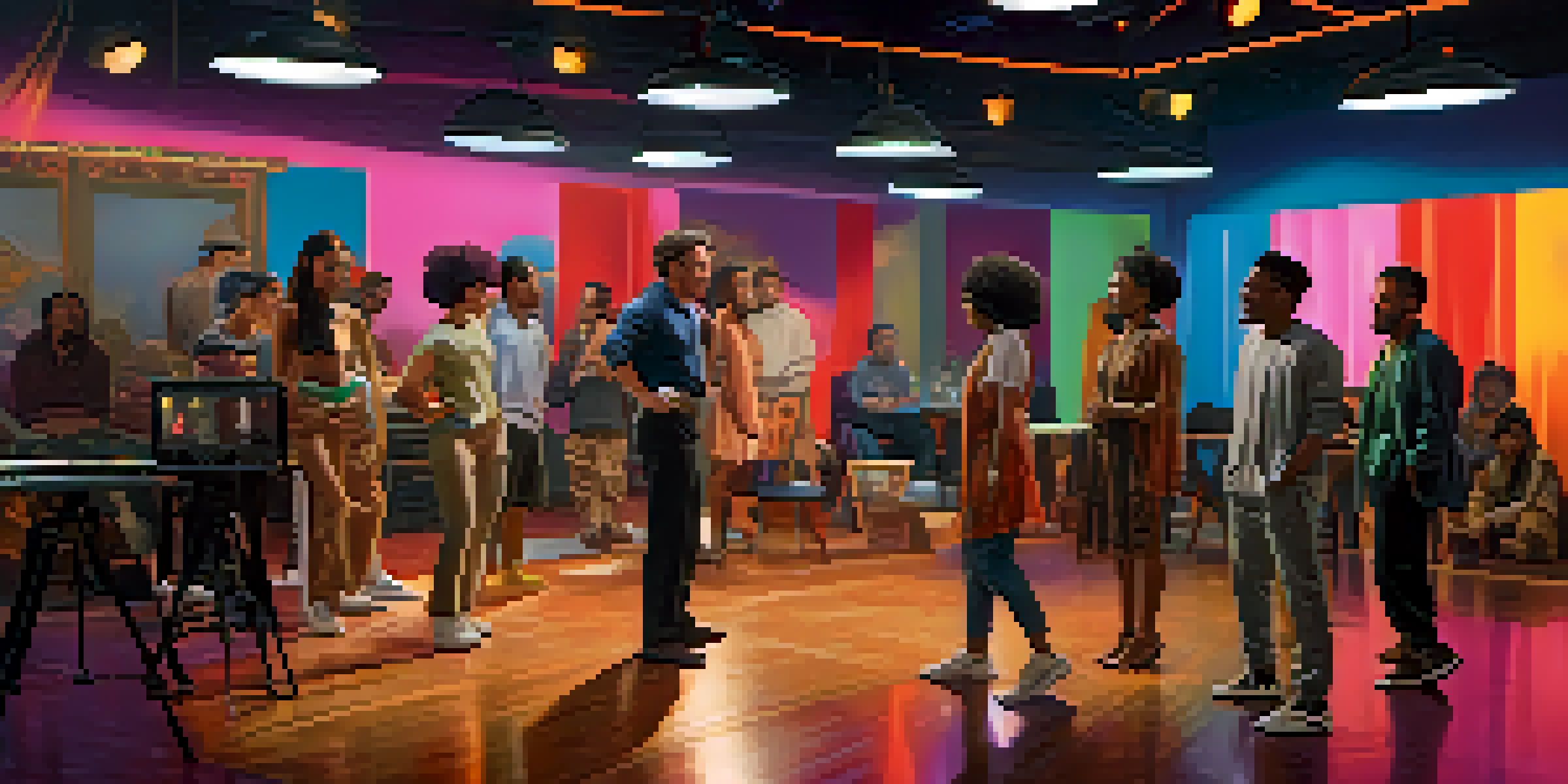 A film set with a diverse group of actors from various ethnic backgrounds collaborating and rehearsing a scene together.
