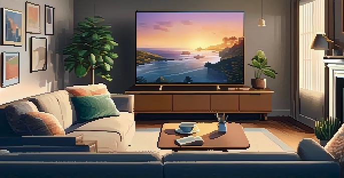 A cozy living room with a couch, a flat-screen TV displaying a streaming platform, and a bowl of popcorn on the table.