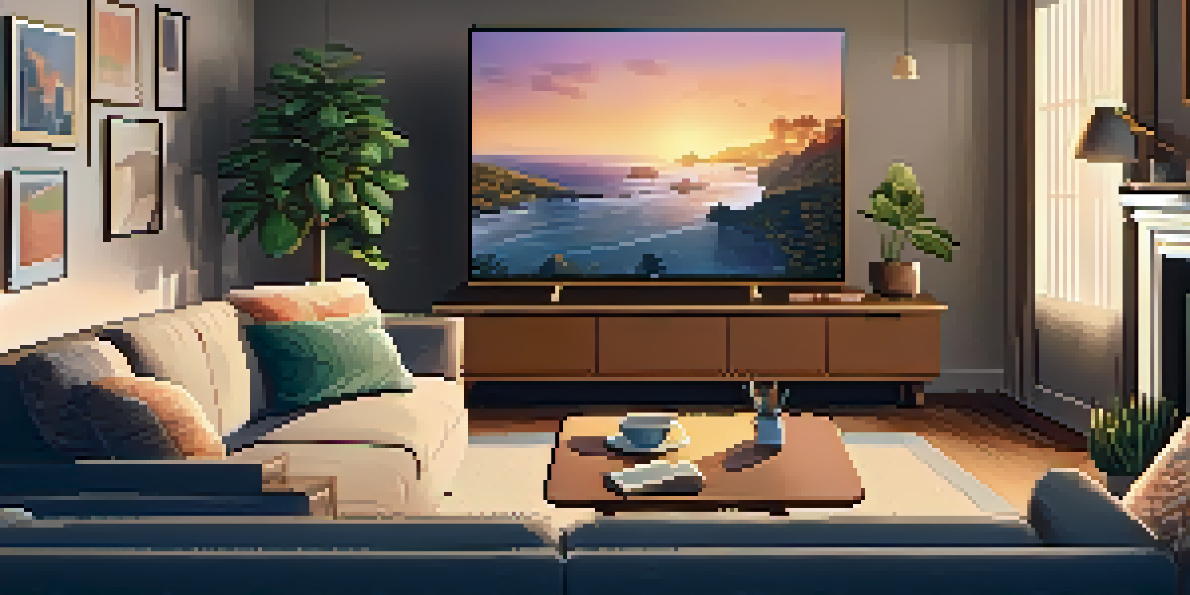 A cozy living room with a couch, a flat-screen TV displaying a streaming platform, and a bowl of popcorn on the table.