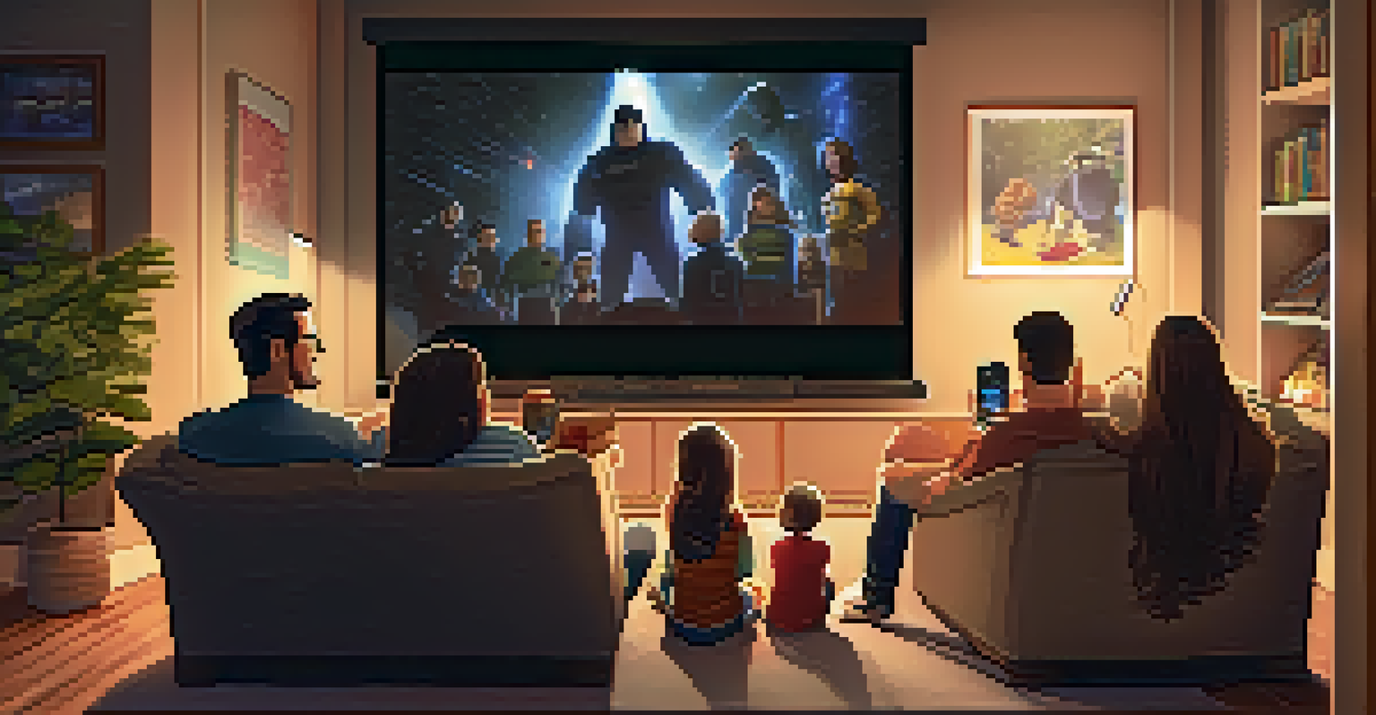 A family enjoying a movie in a cozy home theater, with soft lighting and a captivating film scene on the screen.