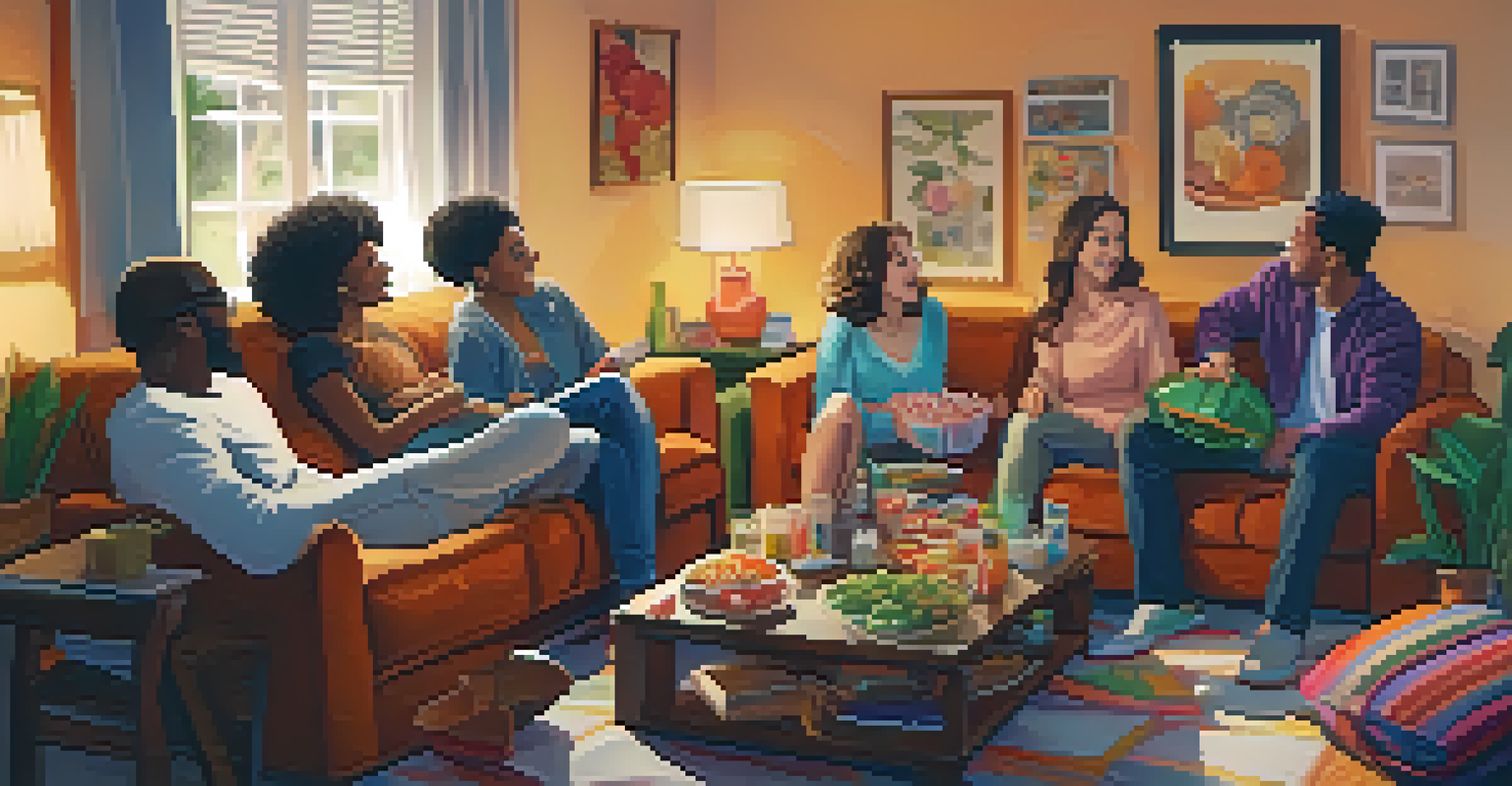 A group of diverse friends enjoying an international film in a cozy living room, with expressions of joy and interest.