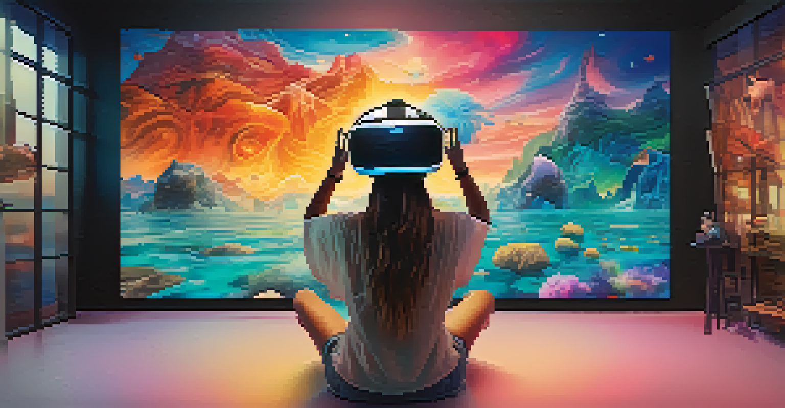 A person wearing a virtual reality headset, immersed in a surreal film landscape filled with vibrant colors and imaginative characters.