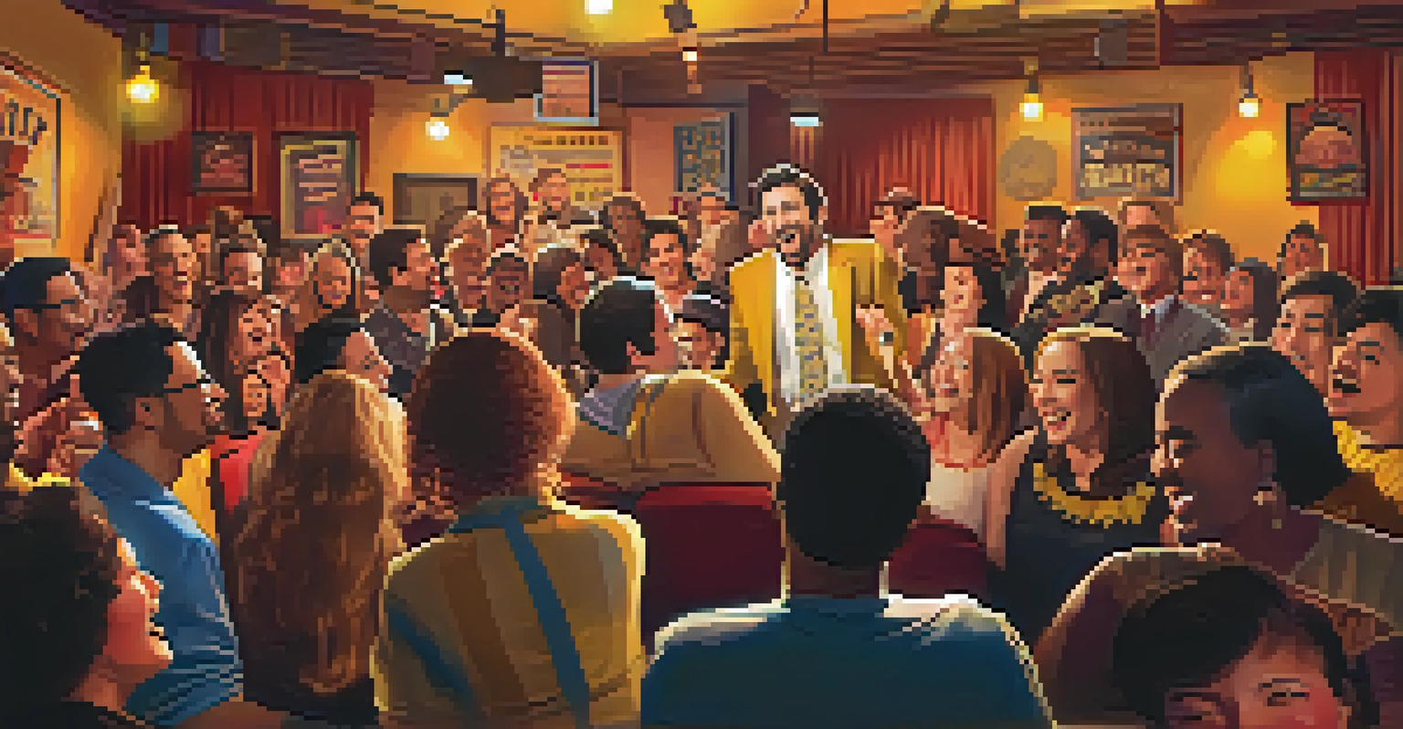 A comedy club filled with diverse audience members laughing at a stand-up comedian on stage, surrounded by humorous posters.