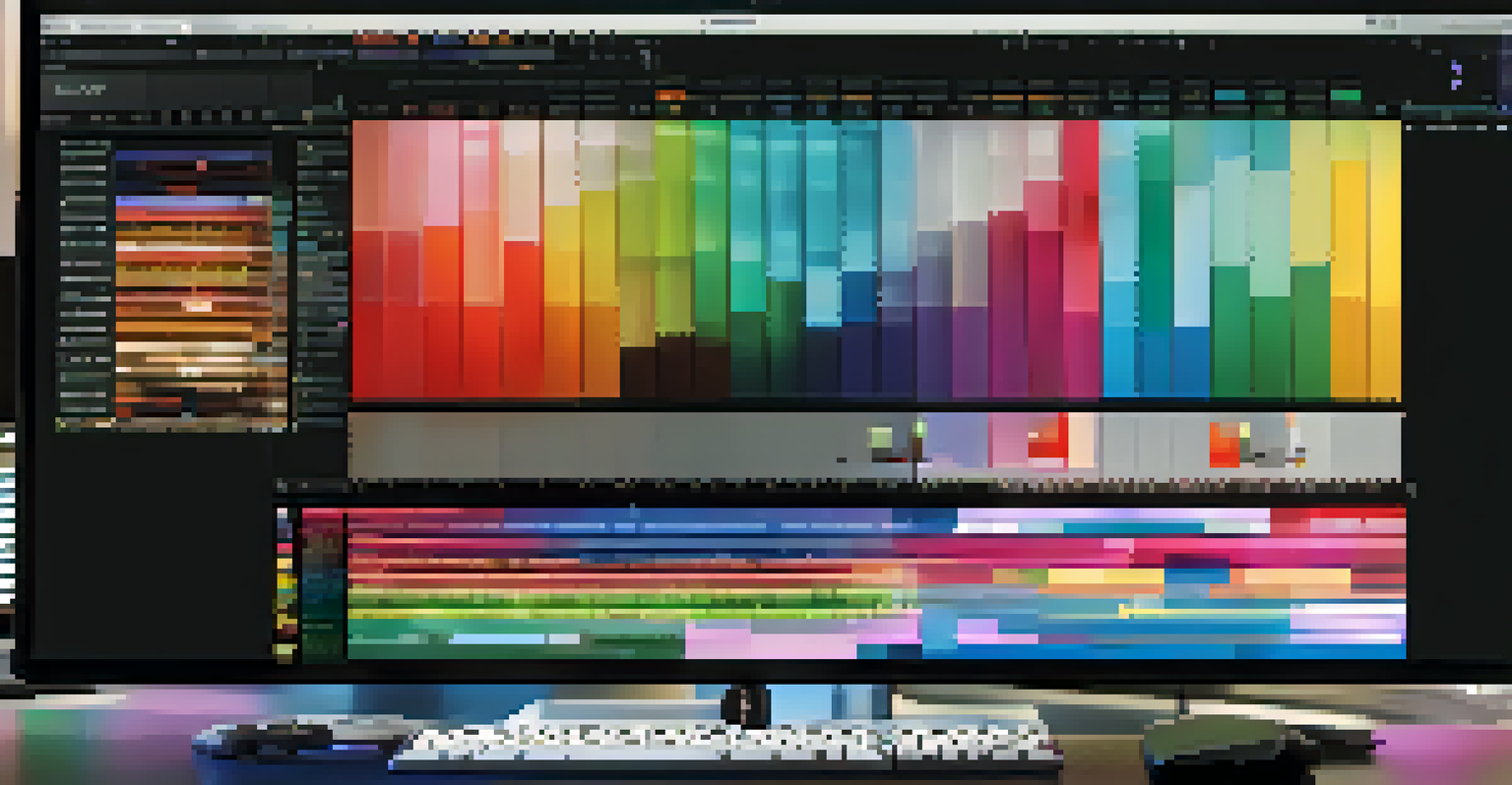 Close-up of a computer screen showing a film editing timeline with colorful clips, and an editor's hands adjusting the timeline.