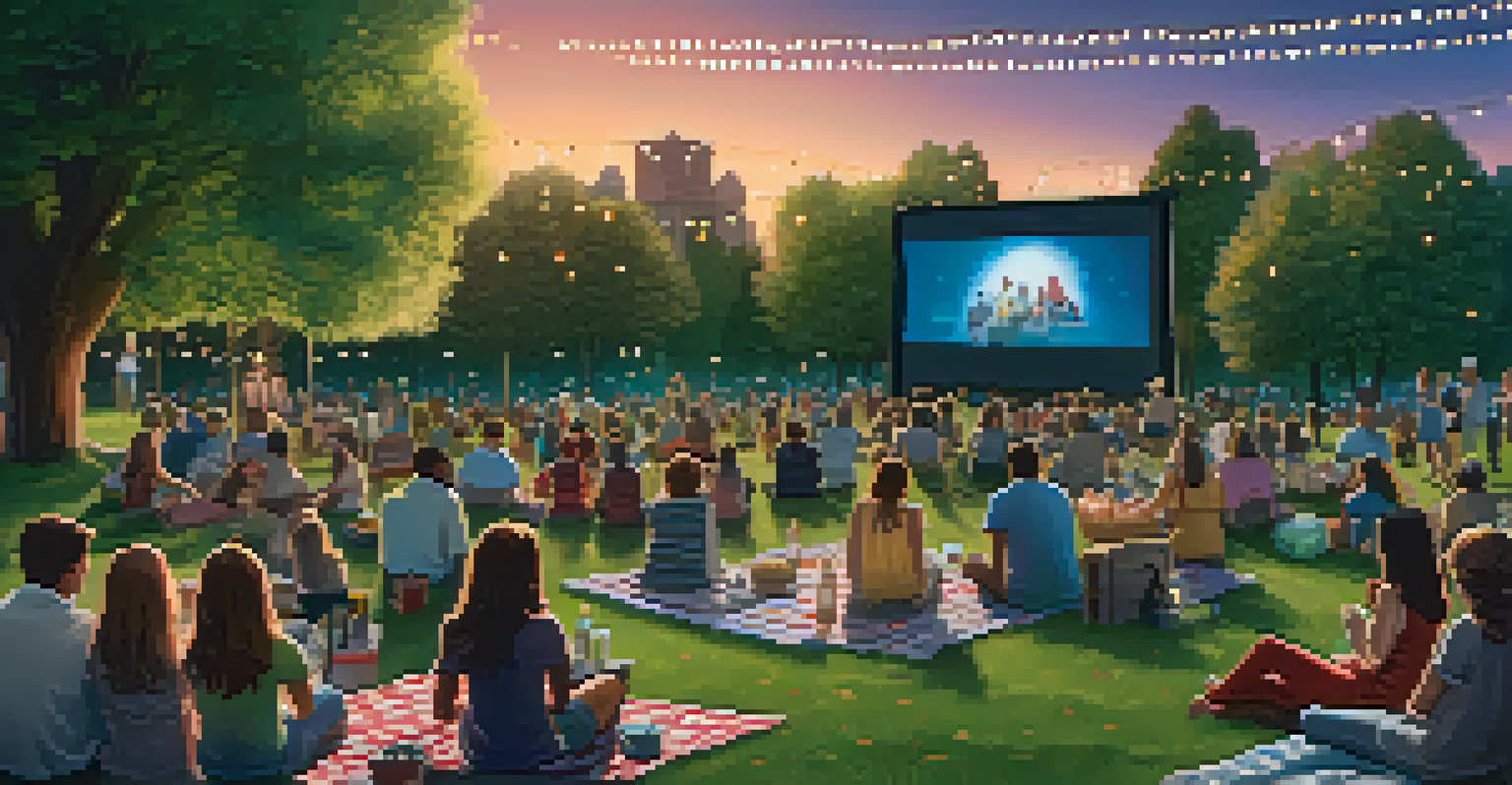An outdoor film screening in a park with people on picnic blankets, a large screen, and fairy lights.
