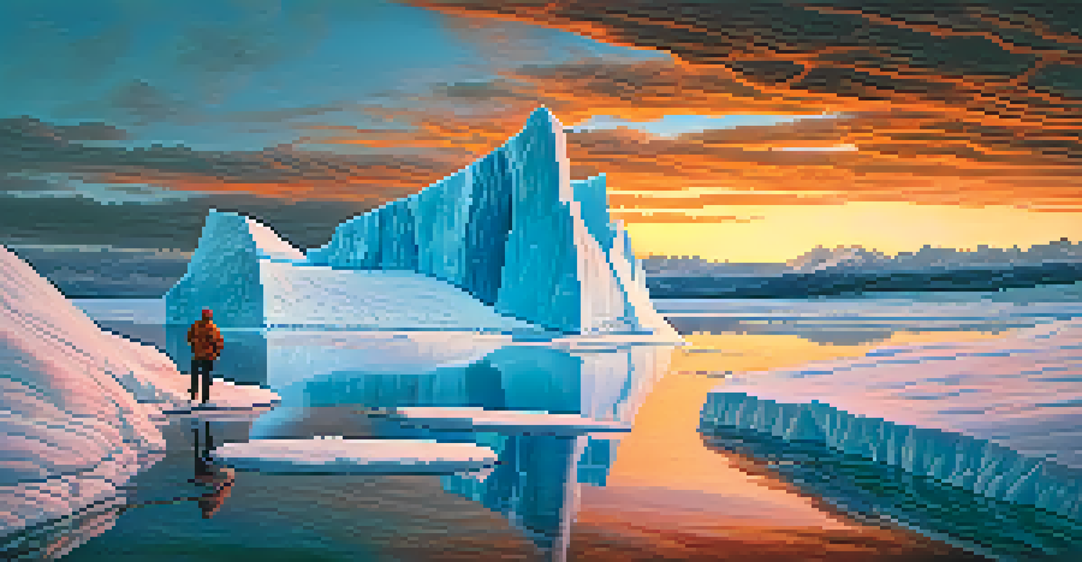 A melting glacier at sunset, reflecting vibrant colors, with a photographer in the foreground.