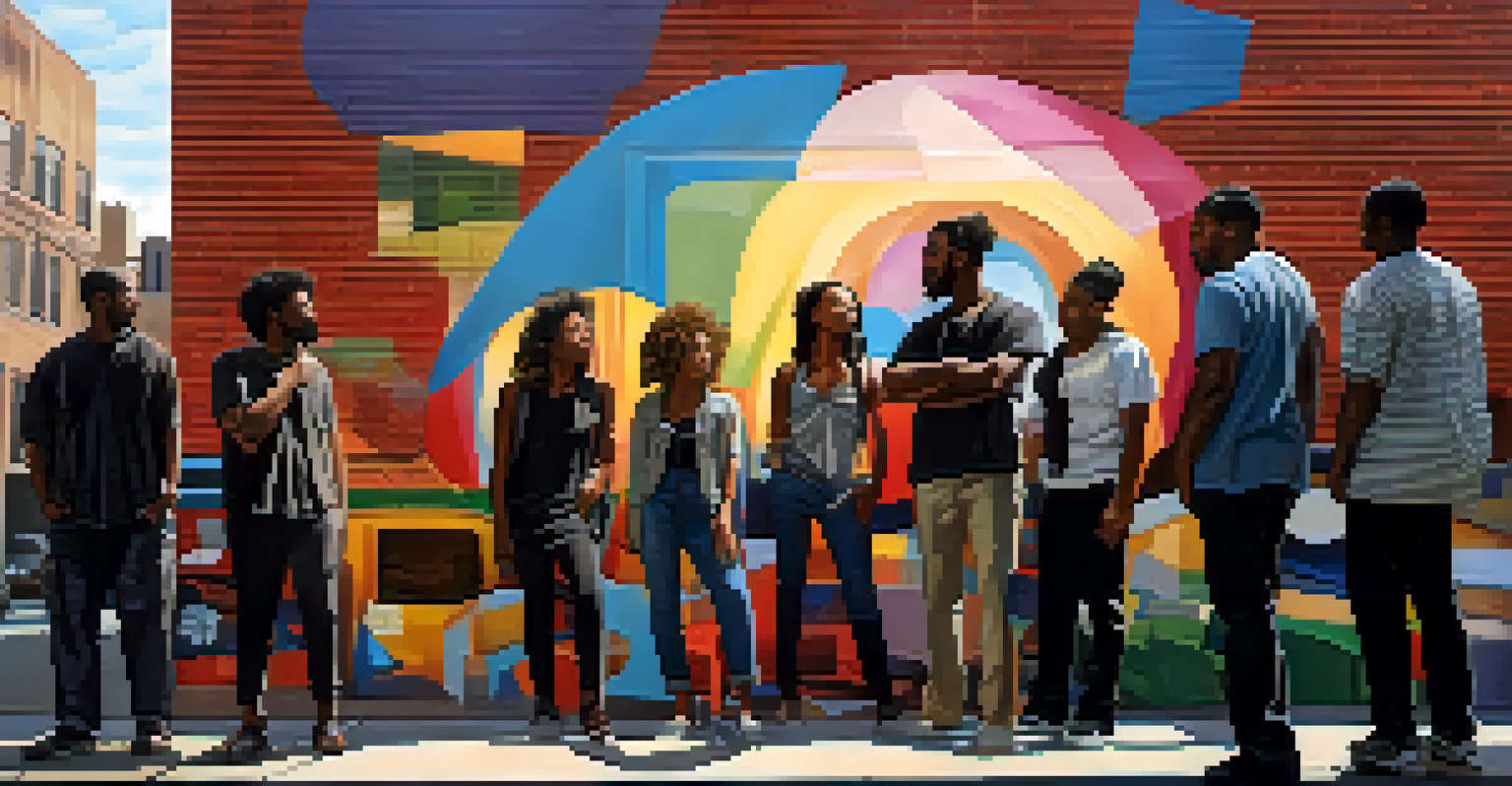 A powerful music video scene showcasing a diverse group of people in a city street, standing united with murals addressing social issues in the background.