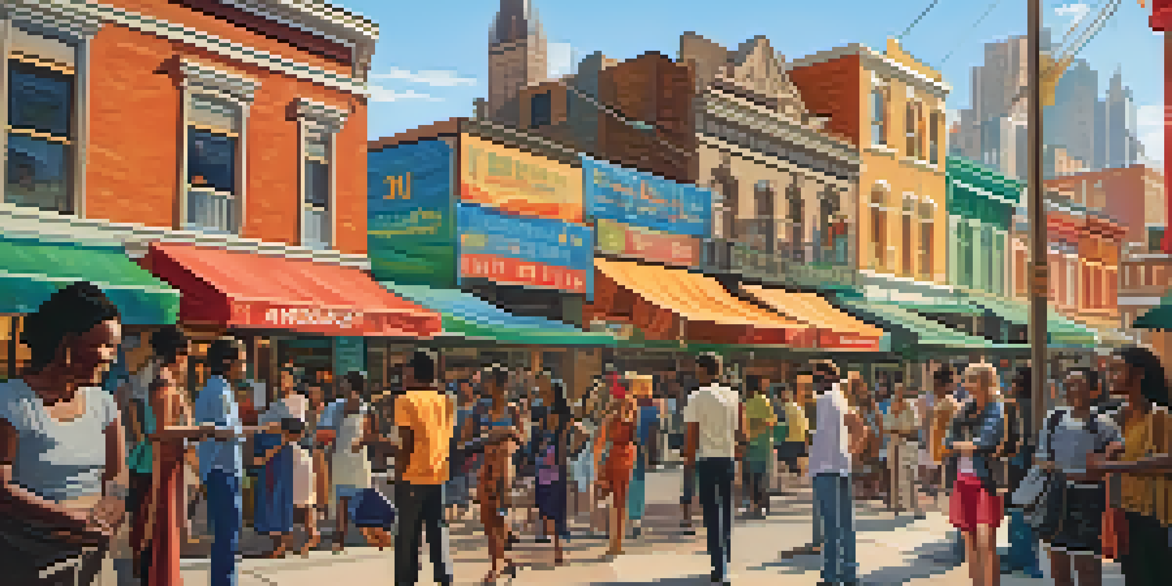 A lively urban street scene with diverse individuals talking animatedly, surrounded by colorful shops and warm sunlight.