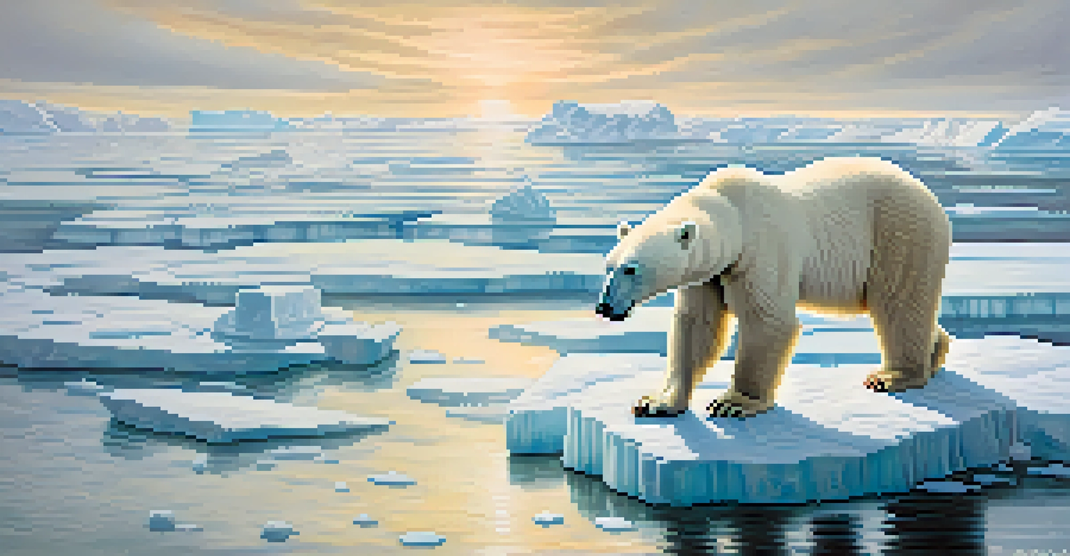 A polar bear on a small ice floe in an ocean, surrounded by melting icebergs and an overcast sky, symbolizing the impact of climate change.