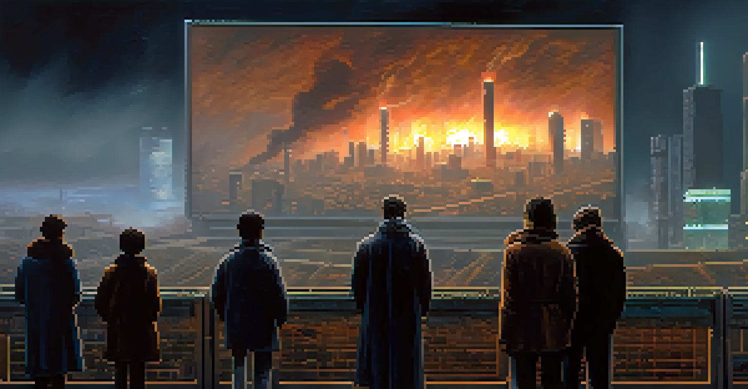 A dystopian cityscape with a group of concerned individuals in front of a billboard warning about genetic engineering.