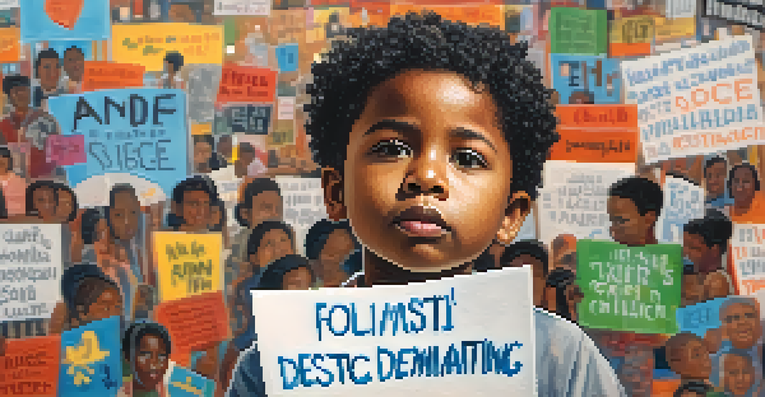 A close-up of a child's protest sign with colorful drawings and words about justice, with a blurred background.