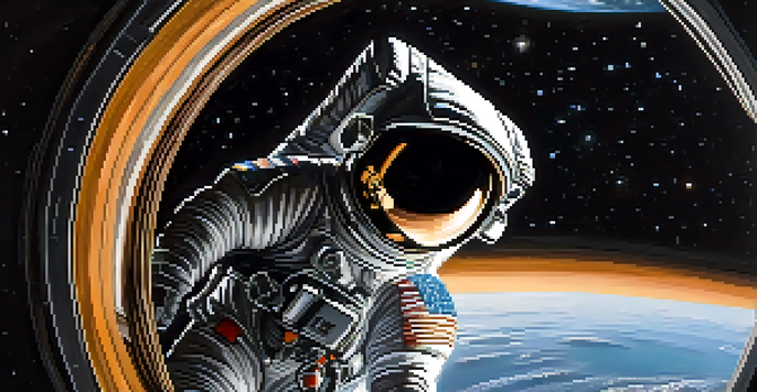 An astronaut floating in space with Earth in the background, surrounded by a starry sky.