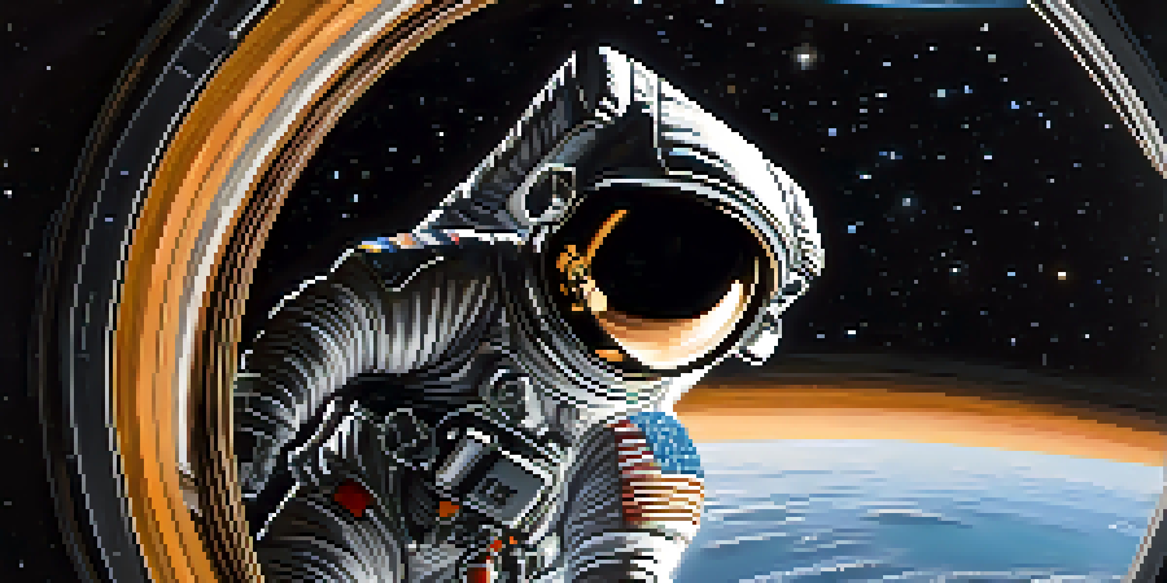 An astronaut floating in space with Earth in the background, surrounded by a starry sky.