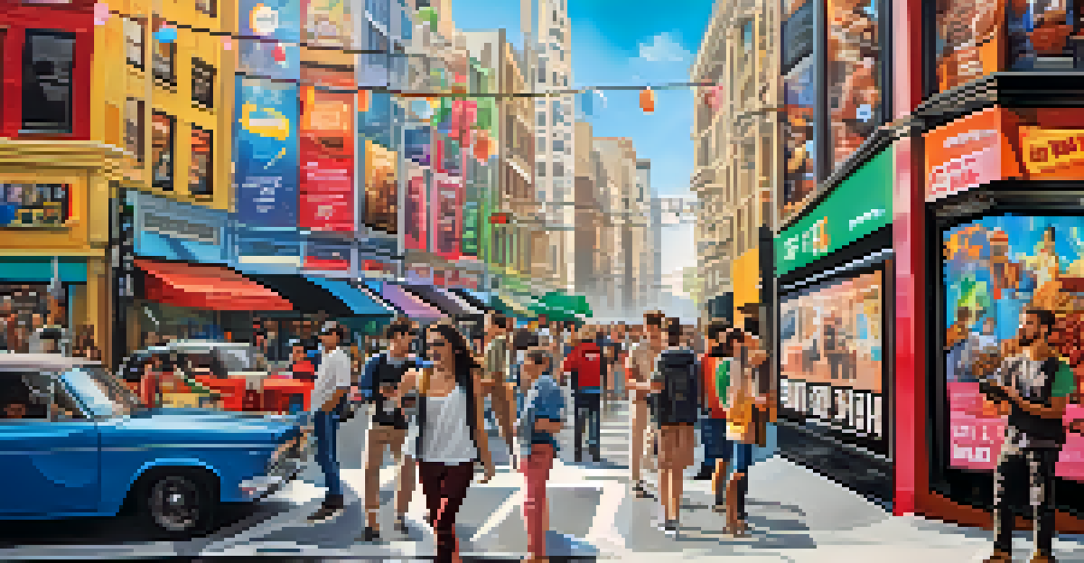 A lively urban street scene featuring a film marketing campaign with posters, and young adults sharing content via smartphones.