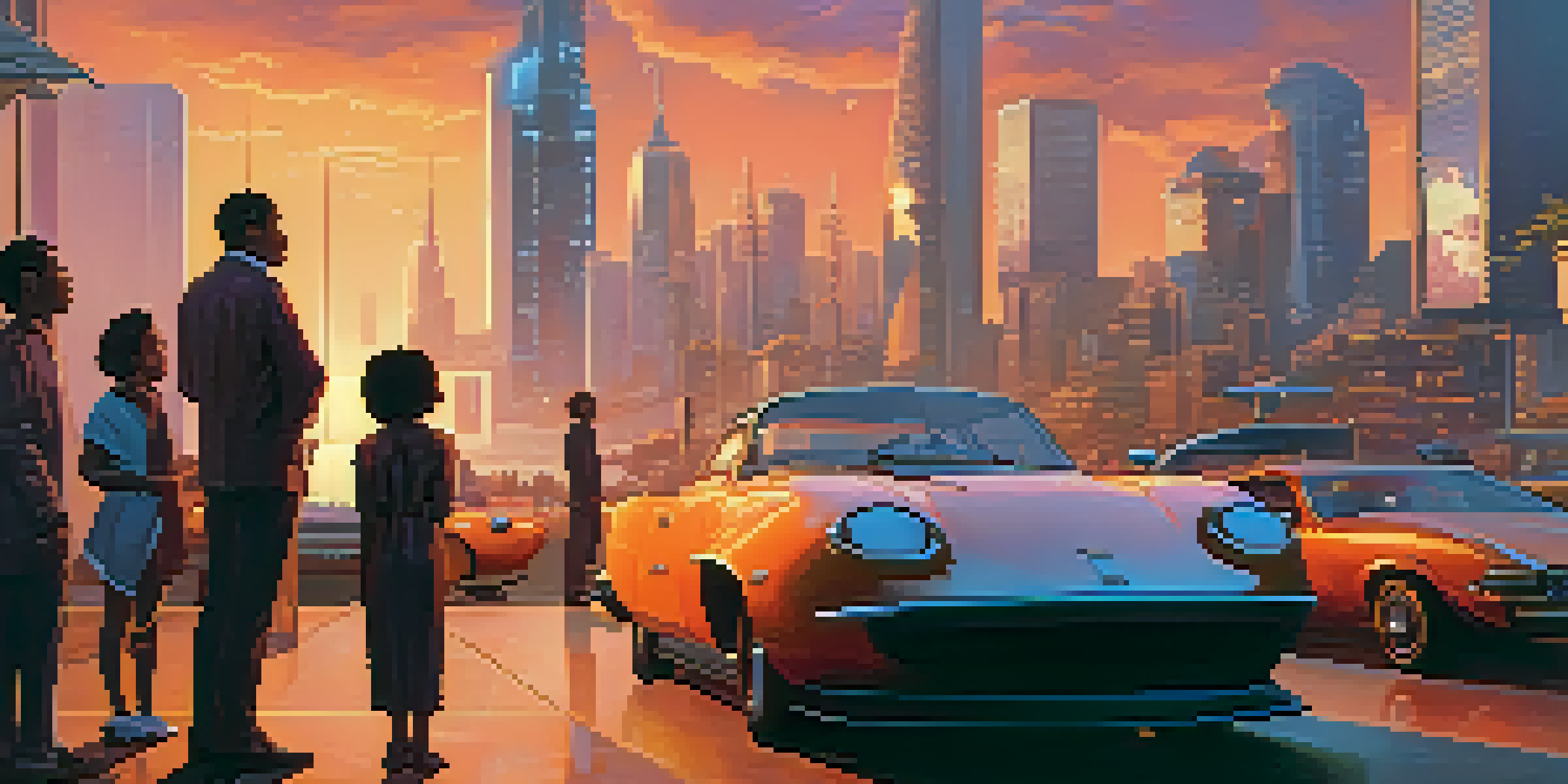 A vibrant futuristic city skyline at dusk with neon lights and flying cars, featuring a diverse group of people looking up in hope.