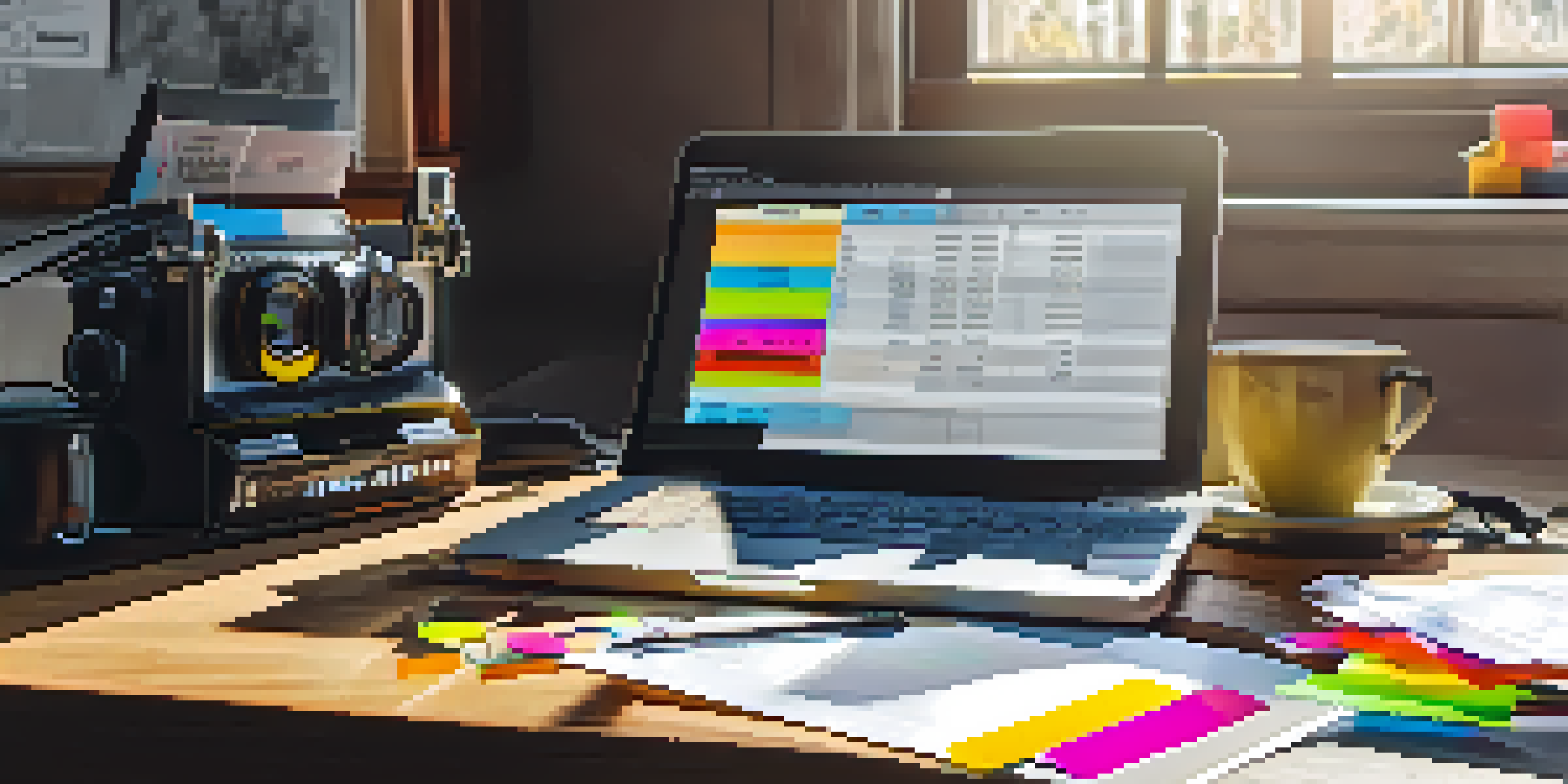 A film production budget sheet on a wooden desk with colorful sticky notes and highlighters, illuminated by sunlight.