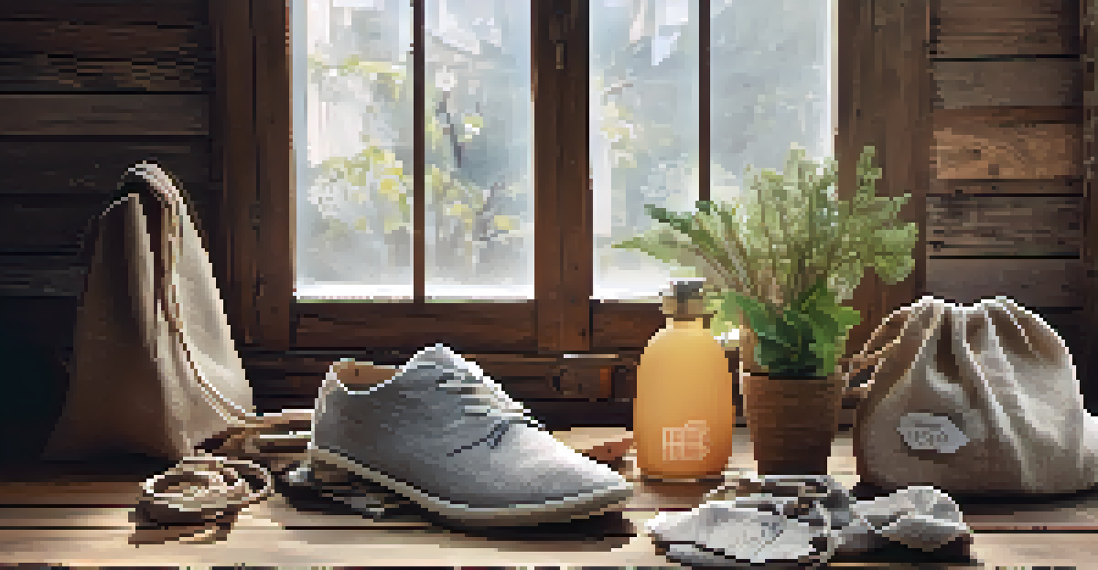 Close-up of eco-friendly fashion items on a wooden table, showcasing sustainable clothing tags and organic fabrics.