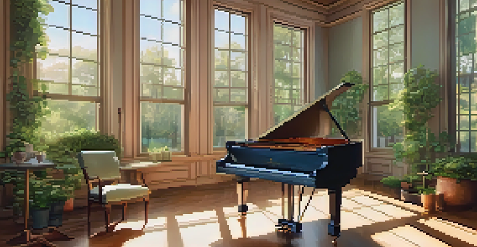 A peaceful music studio featuring a grand piano and large windows with greenery outside, illuminated by soft morning light.