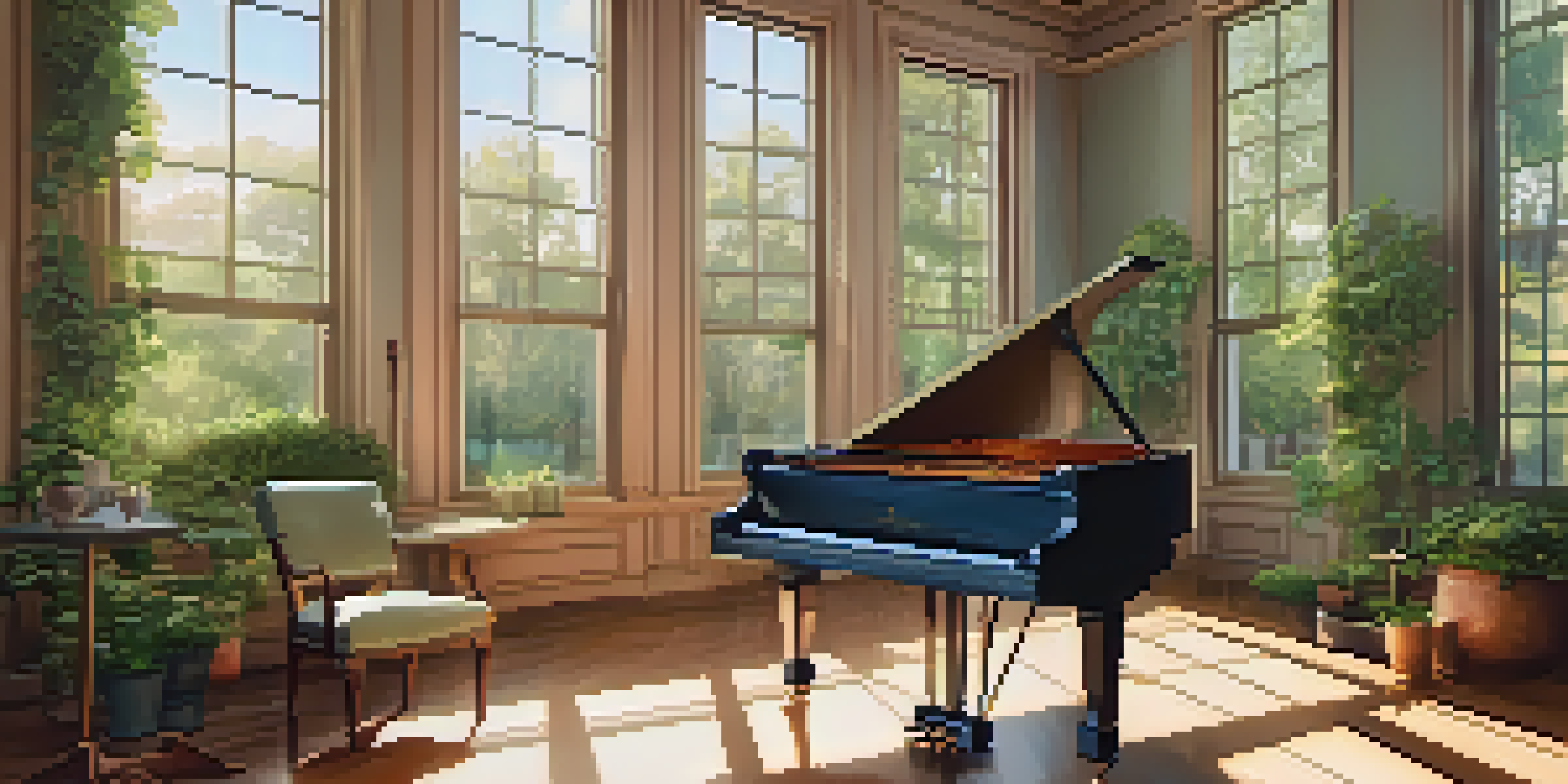 A peaceful music studio featuring a grand piano and large windows with greenery outside, illuminated by soft morning light.