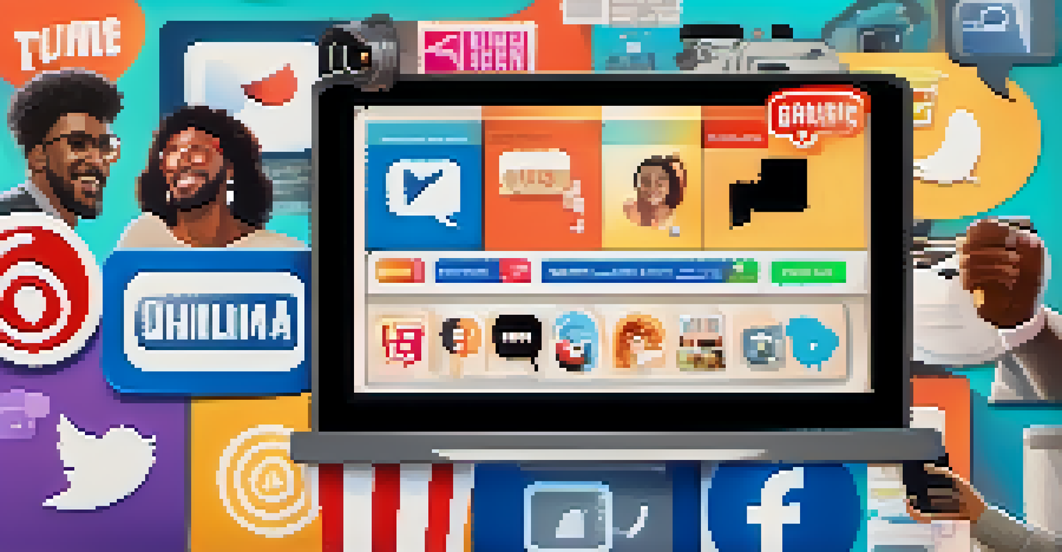 A social media feed with colorful speech bubbles about film reviews and thumbs up icons, against a blurred cinema background.
