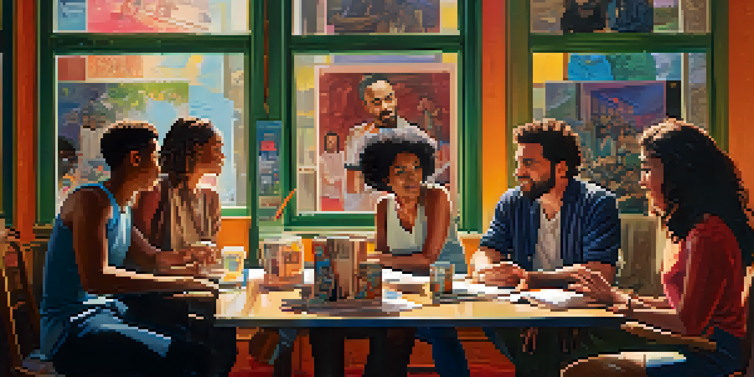 A diverse group of filmmakers engaged in discussion on a film set, surrounded by colorful cultural posters and natural light.