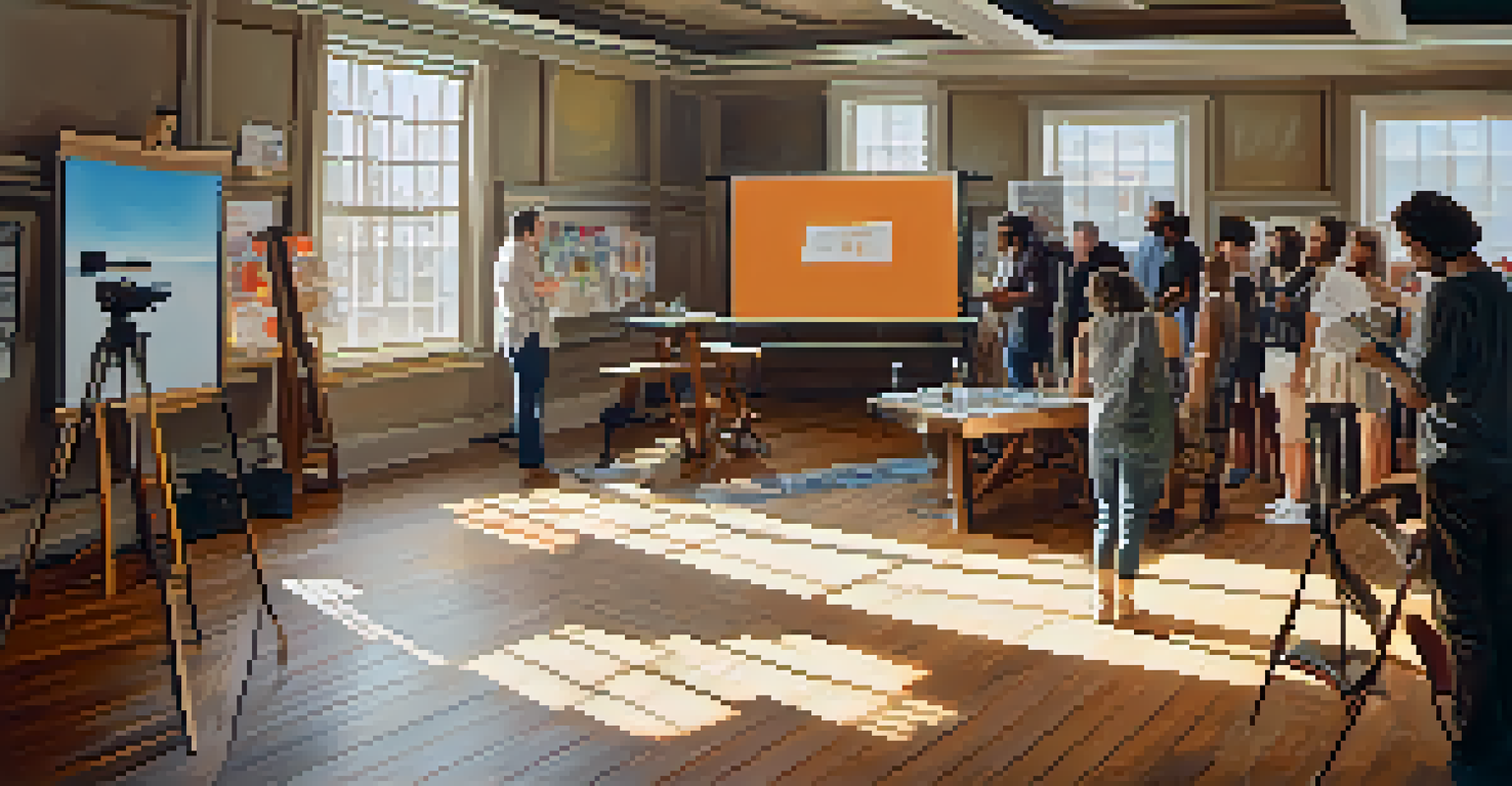 A workshop at a film festival with diverse filmmakers engaged in discussion, surrounded by film posters and natural light.