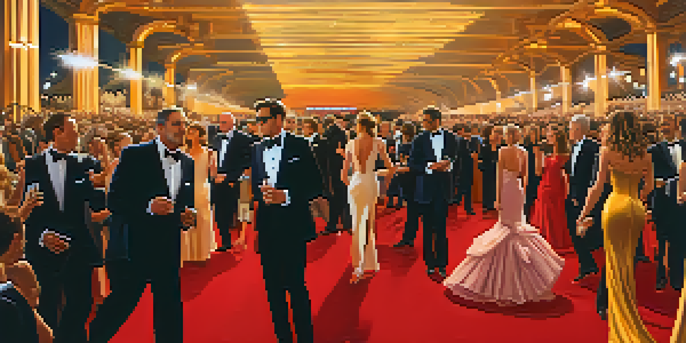 A lively red carpet event at the Cannes Film Festival with celebrities in formal attire, surrounded by cameras and fans, and the Palais des Festivals in the background.