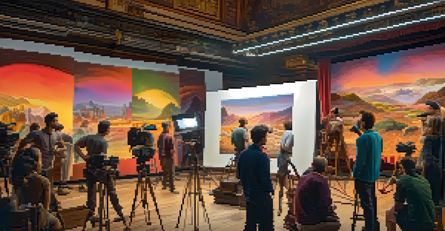 A lively film set with crew members and a director discussing a scene with actors against a colorful backdrop.
