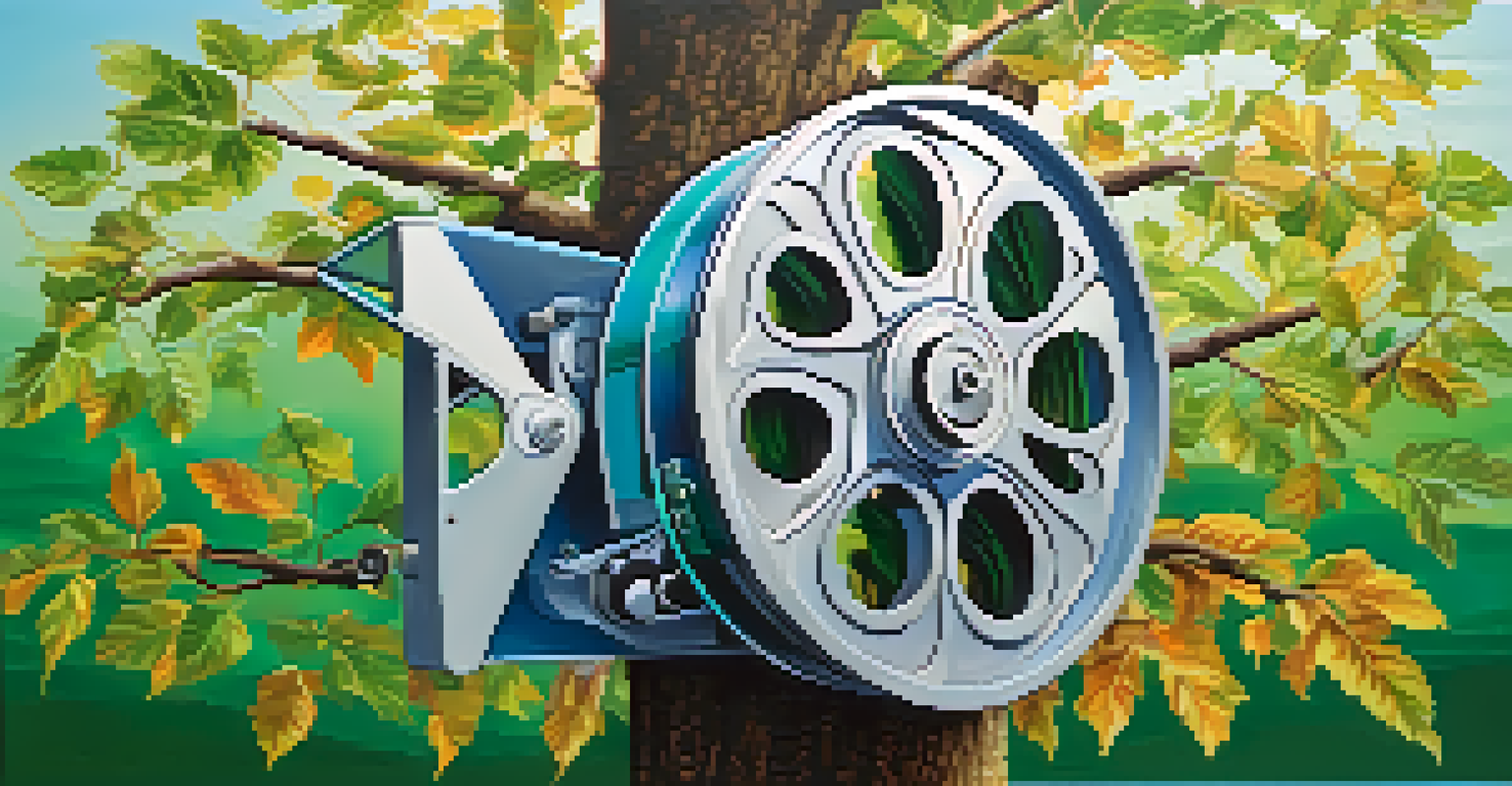 A creative image of a film reel turning into a tree, merging filmmaking and nature.
