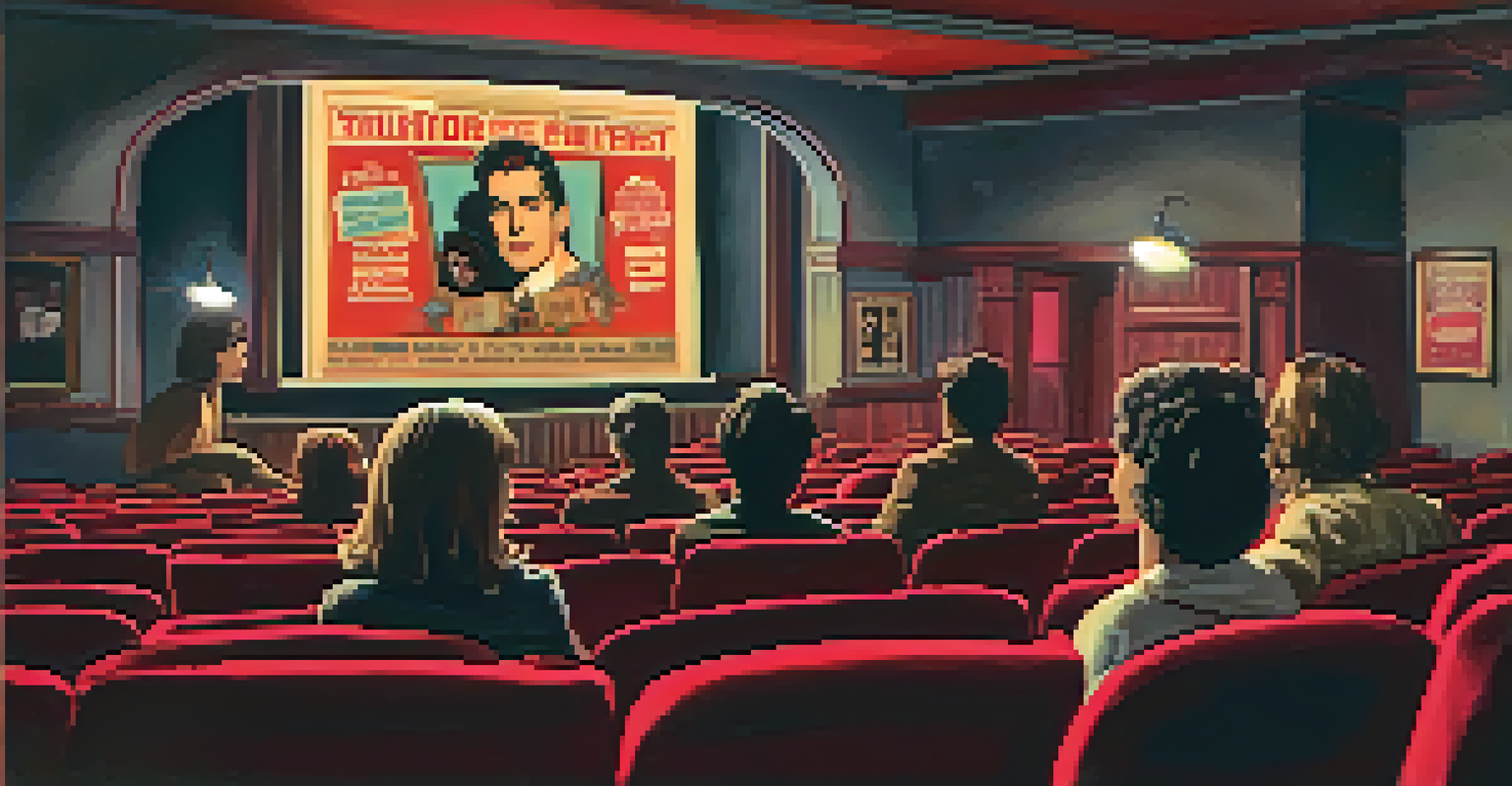 A cozy indie film screening in a dimly-lit theater, with an engaged audience and vintage movie posters on the walls.