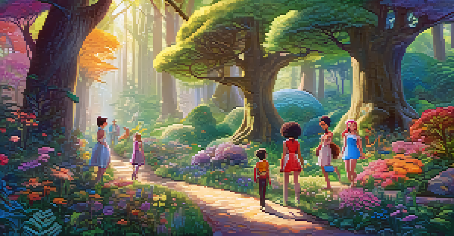 An enchanting forest with animated characters of various identities exploring together, surrounded by colorful flowers and magical elements under dappled sunlight.