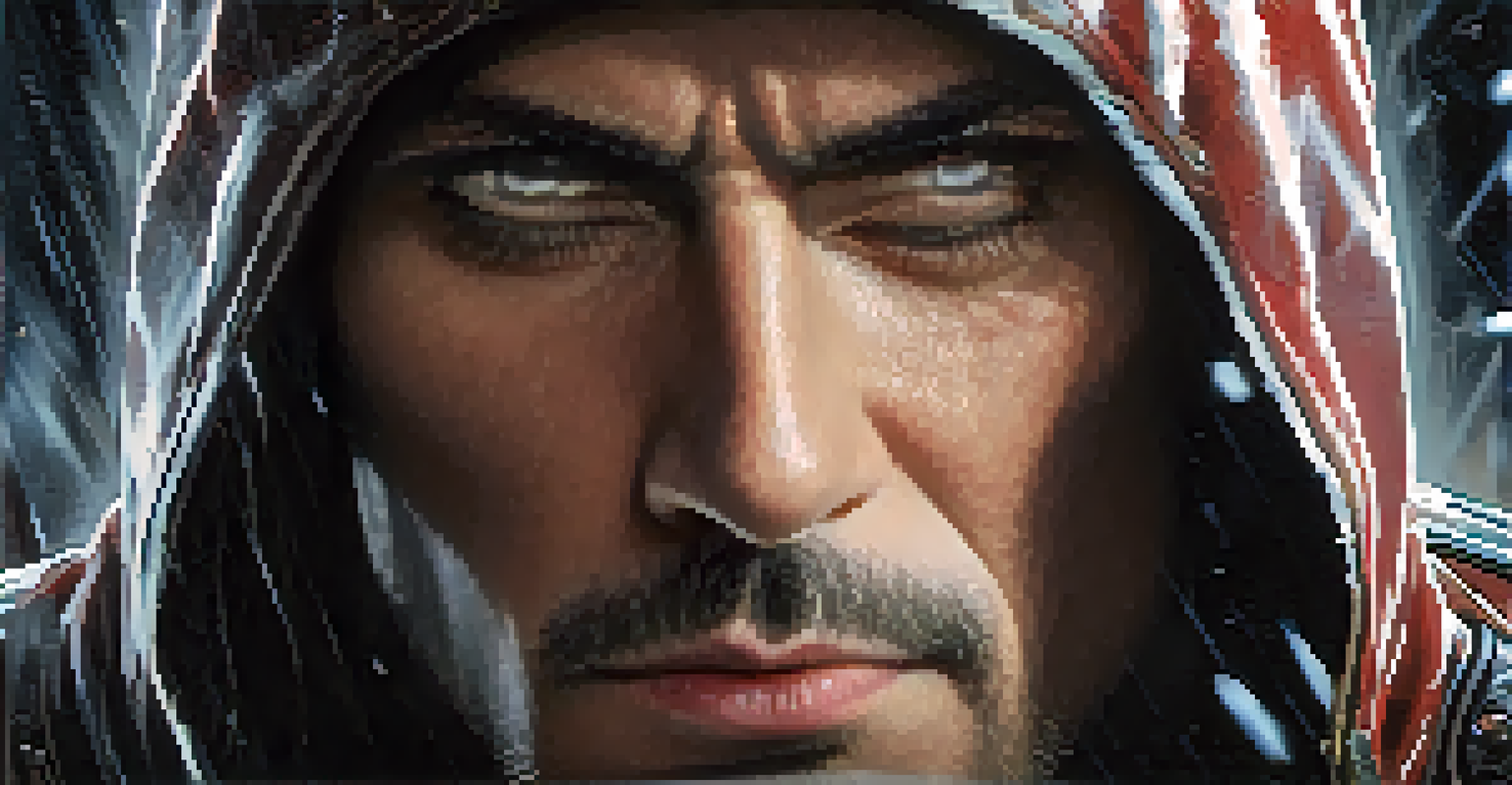 Close-up of a villain's face with a mix of charm and madness, illuminated by dramatic lighting.