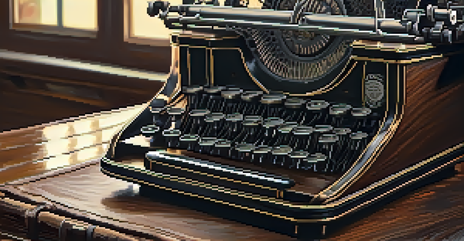 A close-up of a vintage typewriter on a wooden desk, with warm light and a sheet of paper partially rolled.